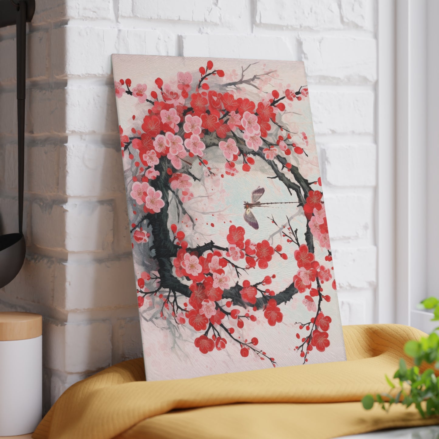 Cherry Blossom Delight: Glass Cutting Board Adorned with Intricate Flower Drawings and Artistry