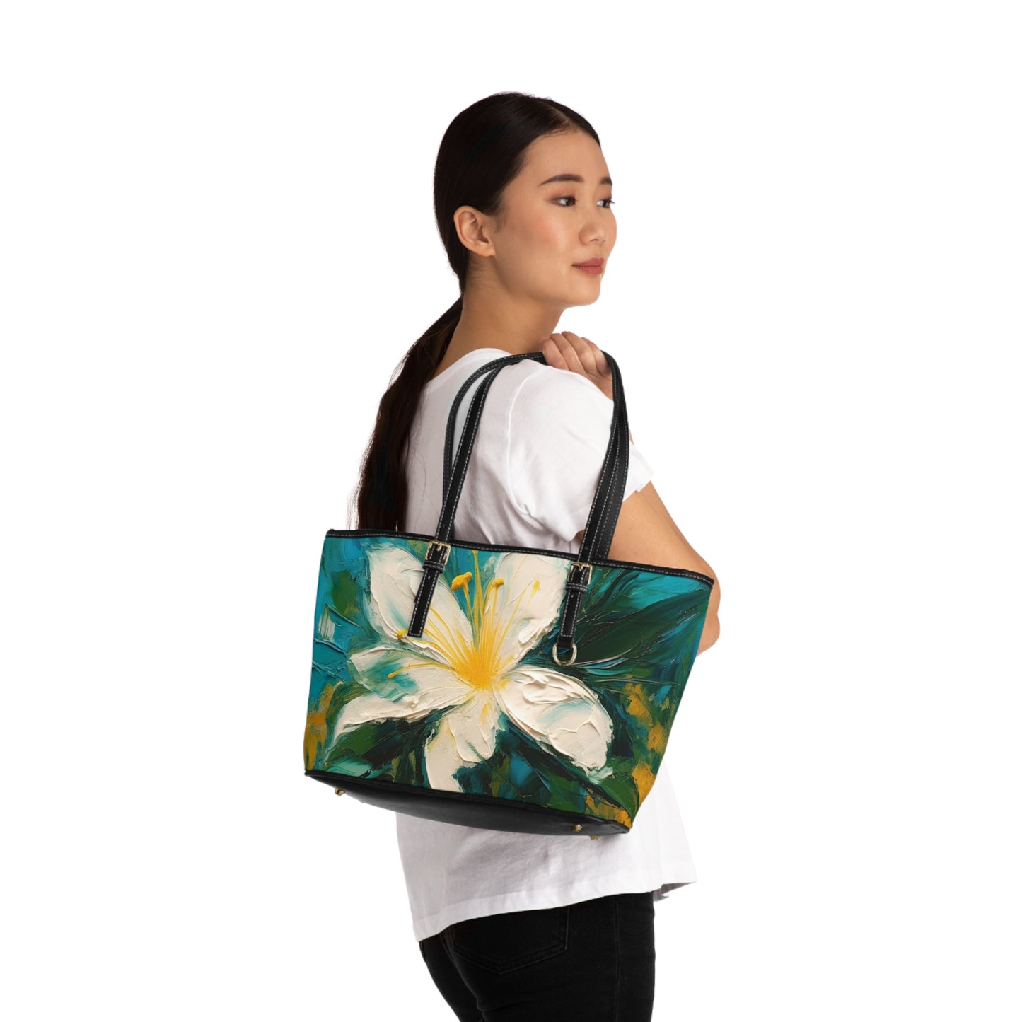 Floral Symphony: PU Leather Shoulder Bag featuring an Abstract Oil Painting of Jasmine