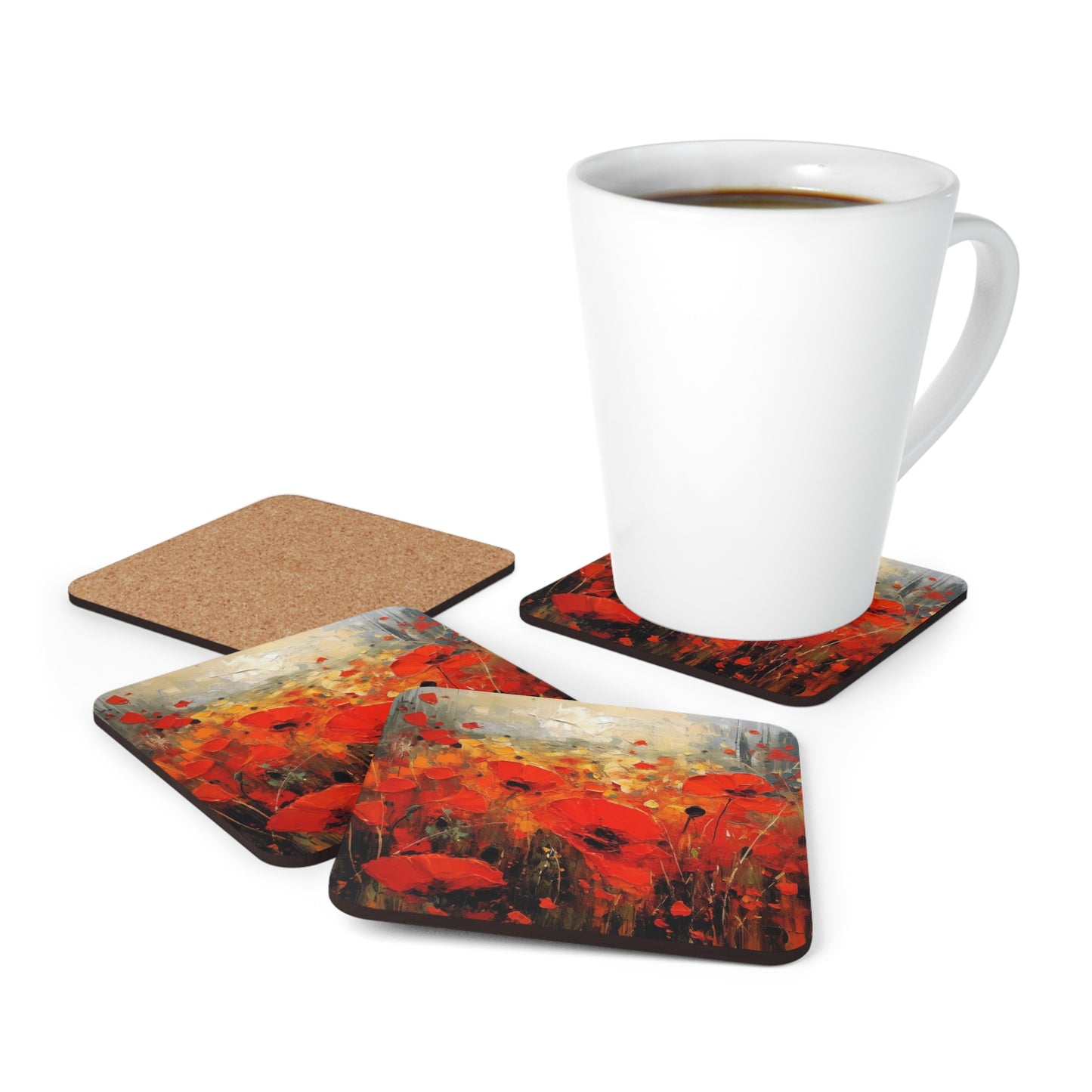 Whimsical Poppy Art on Corkwood Coaster Set