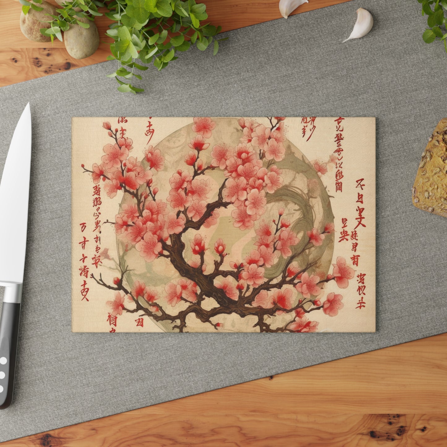 Whimsical Blossom Dreams: Glass Cutting Board with Delightful Flower Drawings and Cherry Blossoms
