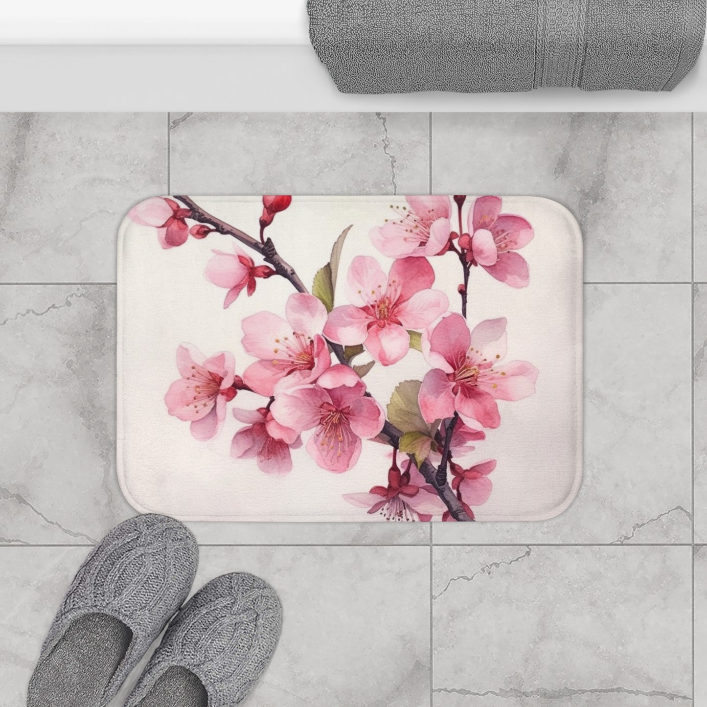Artistic Flourish: Floral Watercolor Cherry Blossom Bathmat