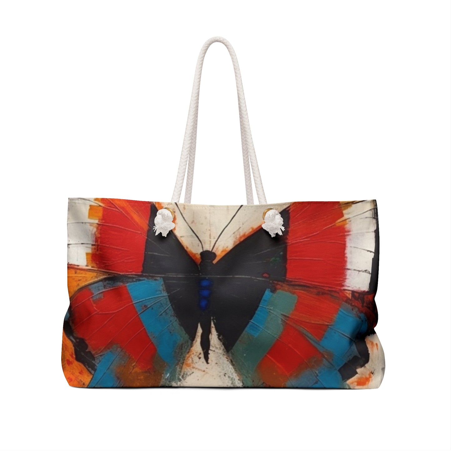 Bauhaus-Inspired Butterfly Symphony: Weekender Bag with Vibrant Colors and Intricate Details