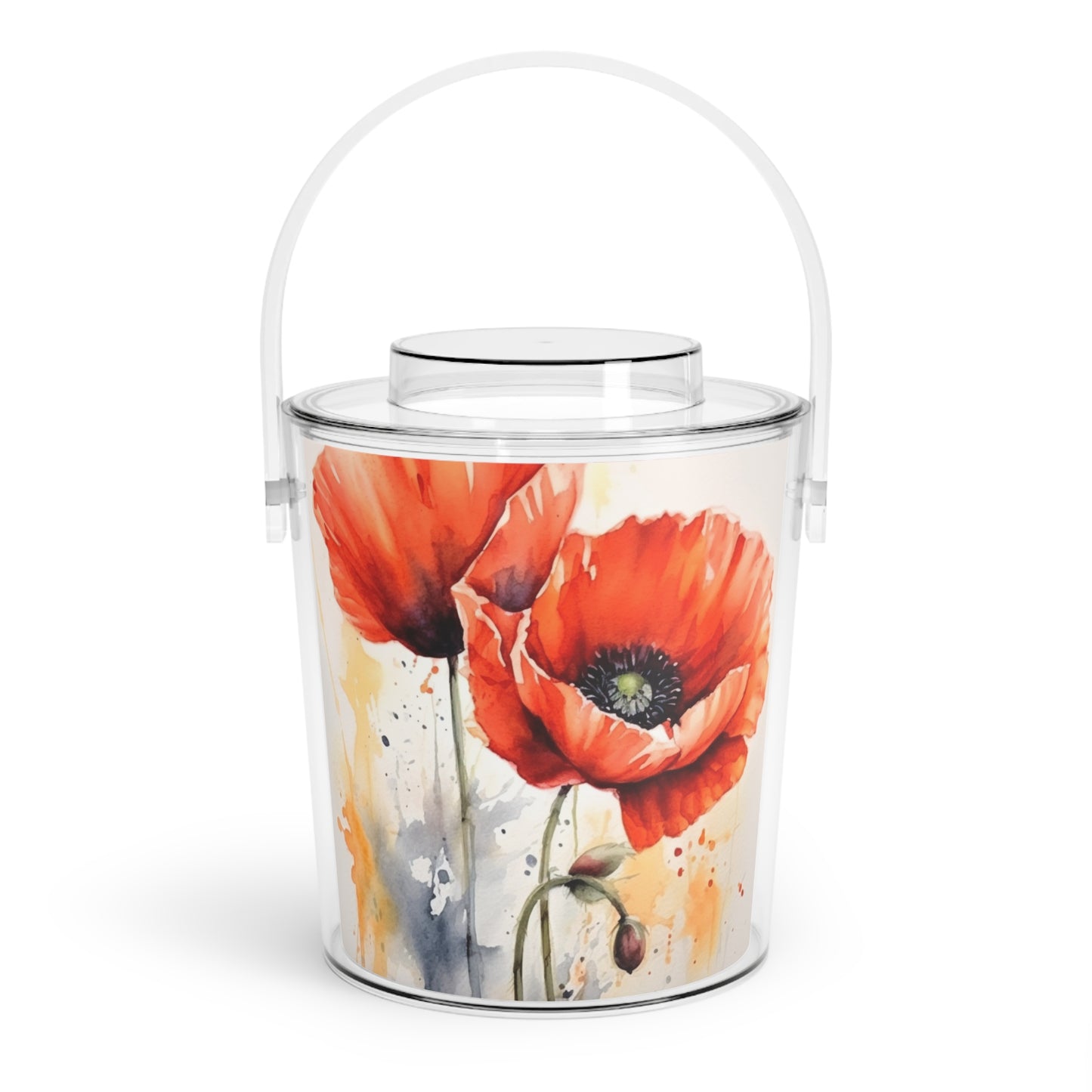 Whimsical Poppy Flower Watercolor Ice Bucket with Tongs: An Artistic Delight
