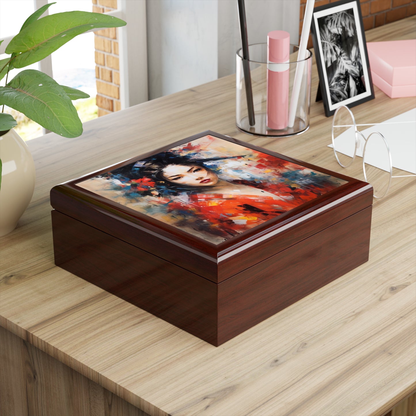 Abstract Geisha Art Jewelry Box: Captivating Brushstrokes in a Japanese Aesthetic