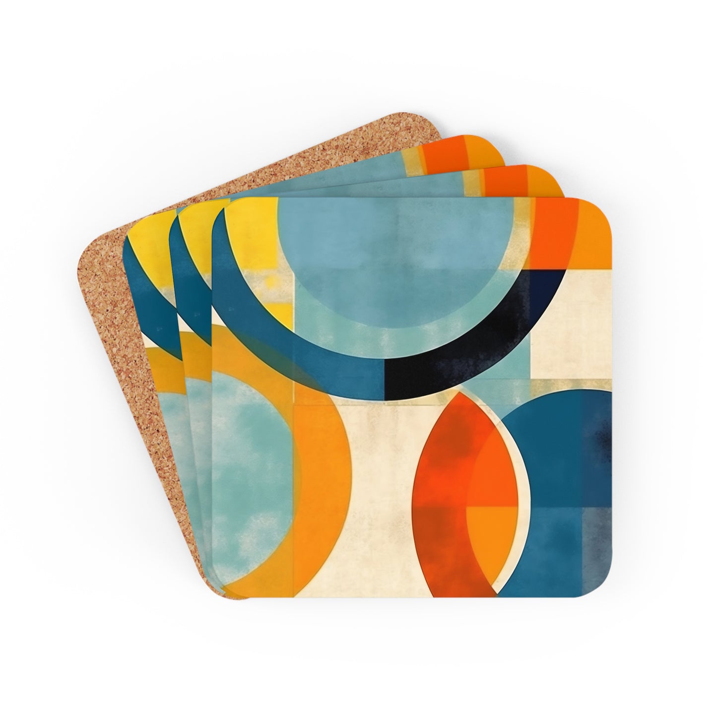 Midcentury Modern Geometric Delight: Corkwood Coaster Set with Abstract Influences