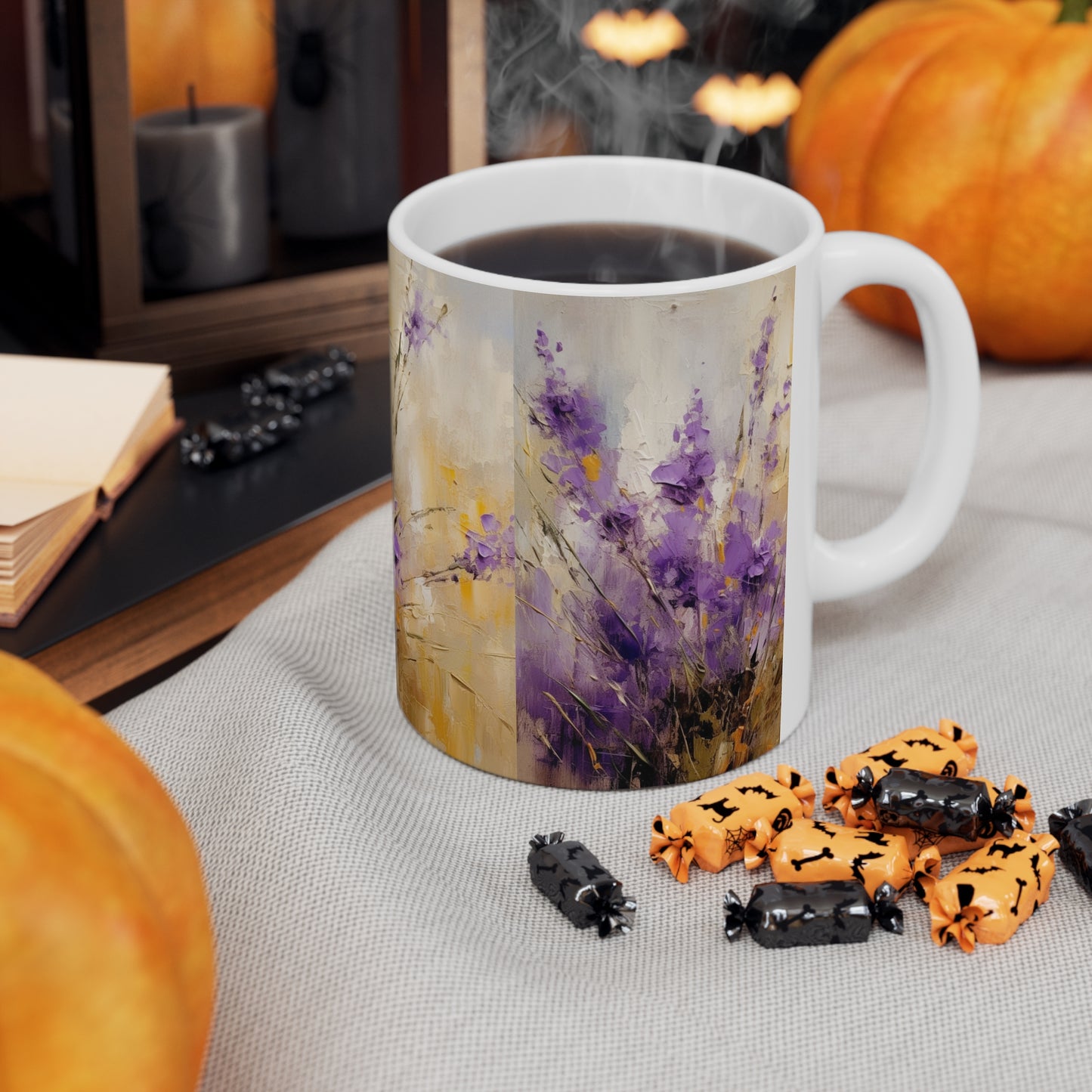 Expressive Lavender Drawing on Ceramic Mug: A Symphony of Colors and Petals