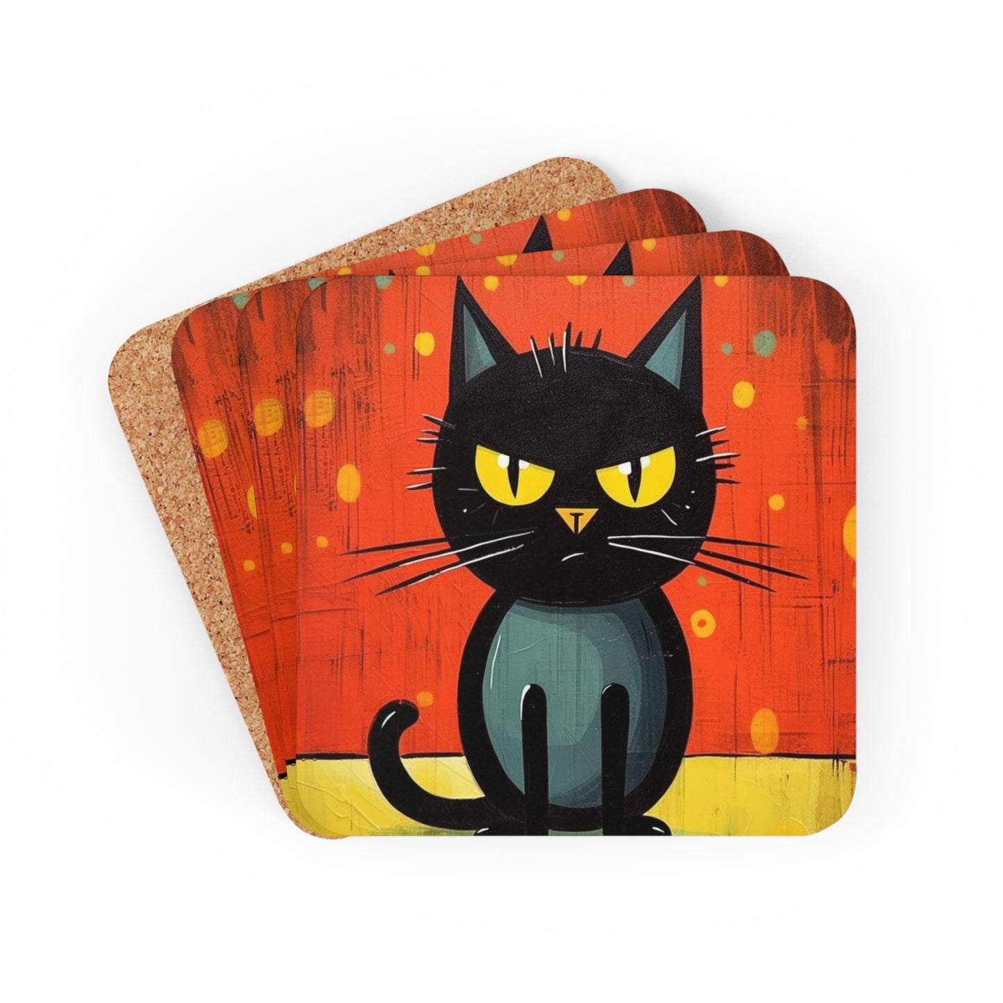 Fashionably Retro Feline: Midcentury Modern Corkwood Coaster Set with a Vintage Cat-Inspired Flair