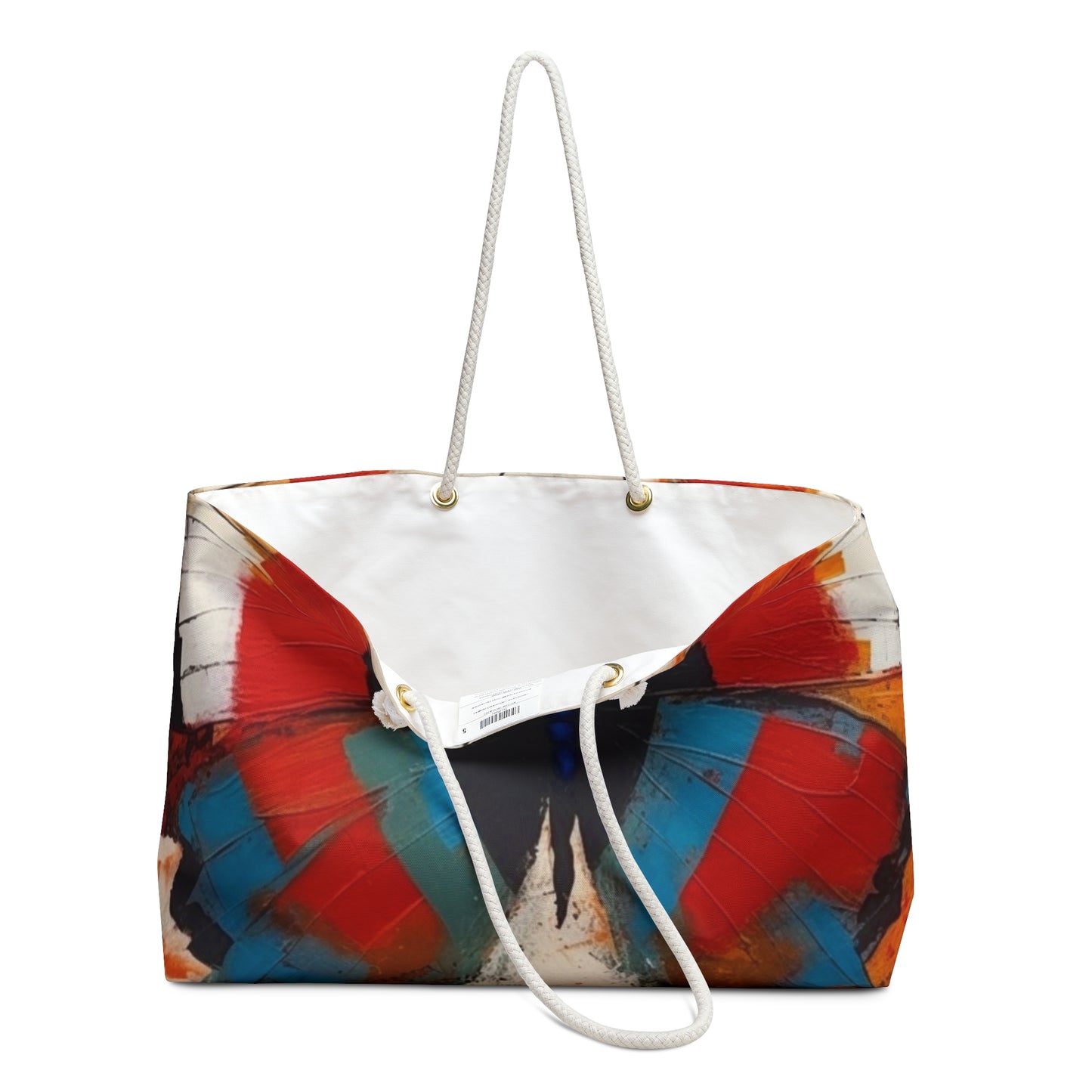 Bauhaus-Inspired Butterfly Symphony: Weekender Bag with Vibrant Colors and Intricate Details