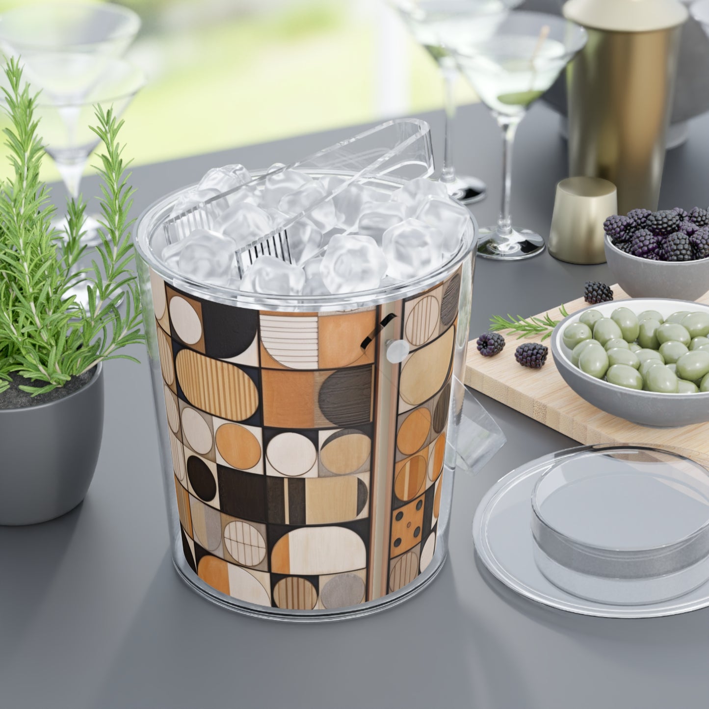 Earthy Elegance: Geometric Ice Bucket with Tongs