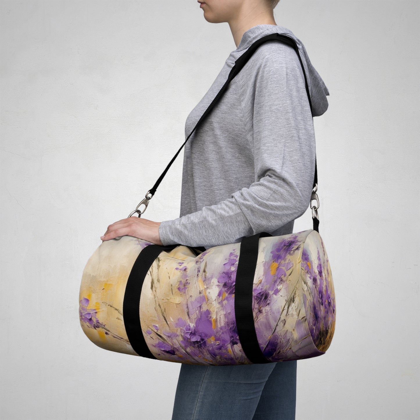 Expressive Lavender Drawing on Duffel Bag: A Symphony of Colors and Petals