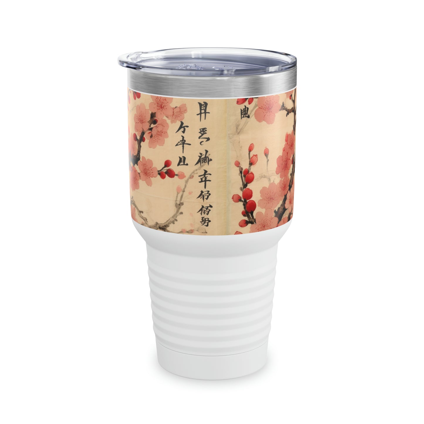 Floral Fusion Delight: Ringneck Tumbler Merging the Beauty of Cherry Blossoms and Artistic Flower Drawings