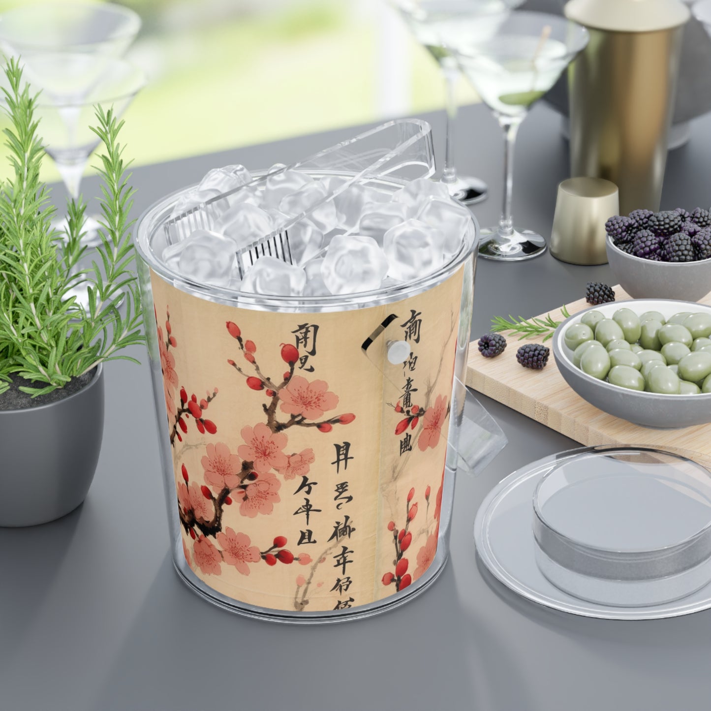 Floral Fusion: Ice Bucket with Tongs Merging Cherry Blossom Beauty and Artistic Flower Drawings