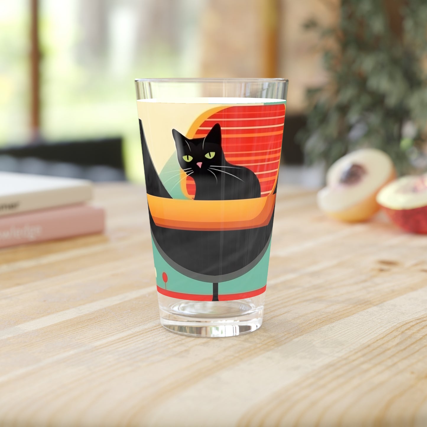 Atomic Feline Fusion: Midcentury Modern Pint Glass with Abstract Cat Art