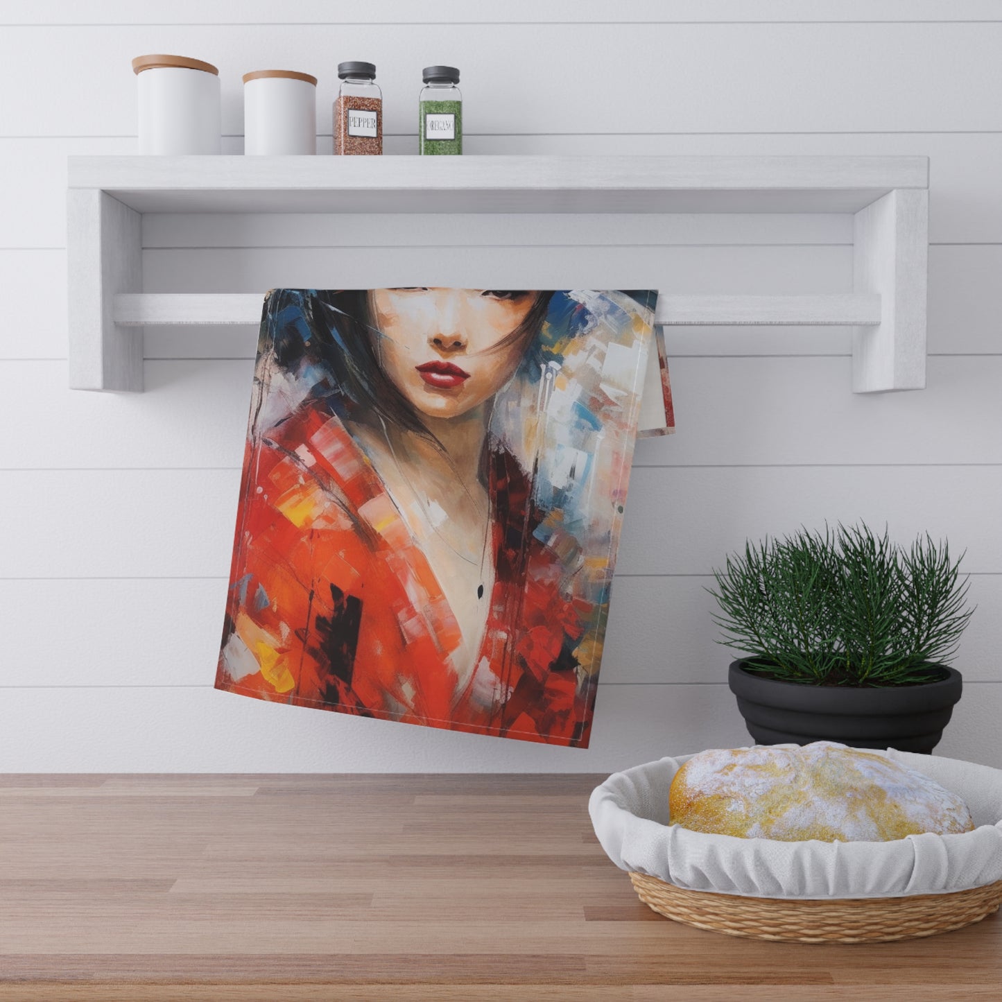 Abstract Geisha Art Kitchen Towel: Captivating Brushstrokes in a Japanese Aesthetic