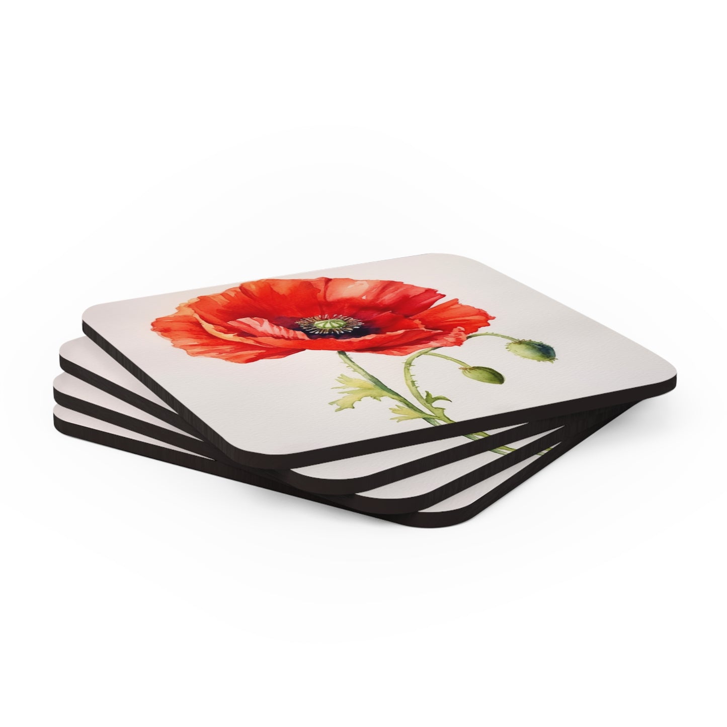 Vibrant Watercolor Poppy Corkwood Coaster Set: Beauty of Nature