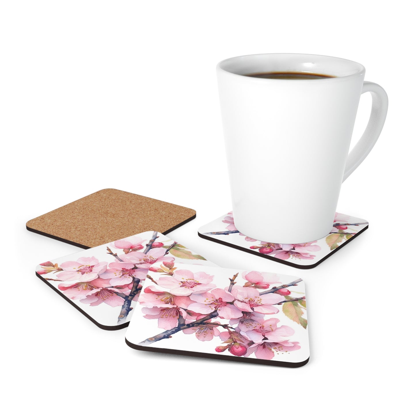Whimsical Delight: Watercolor Cherry Blossom Tree Corkwood Coaster Set