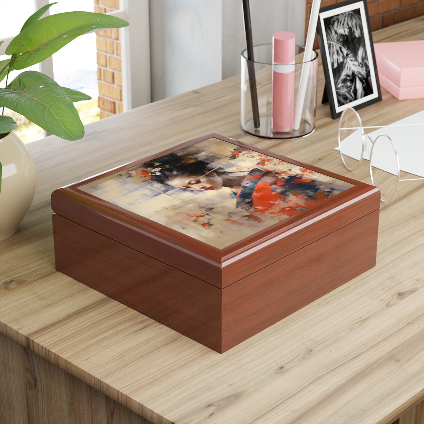 Japanese-Inspired Abstract Oil Painting Jewelry Box: Celebrating Geisha Beauty