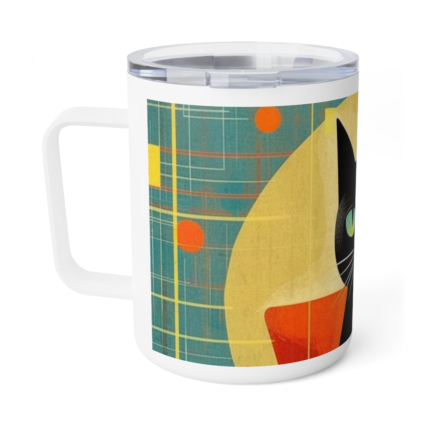 Cat Lover's Delight: Insulated Coffee Mug with Atomic Age Design and Midcentury Flair