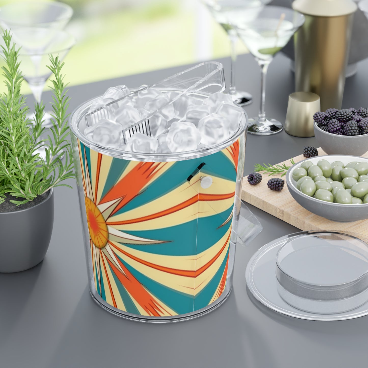 Midcentury Modern Chic: Starburst Candy Colored Ice Bucket with Tongs with Abstract Art Influences