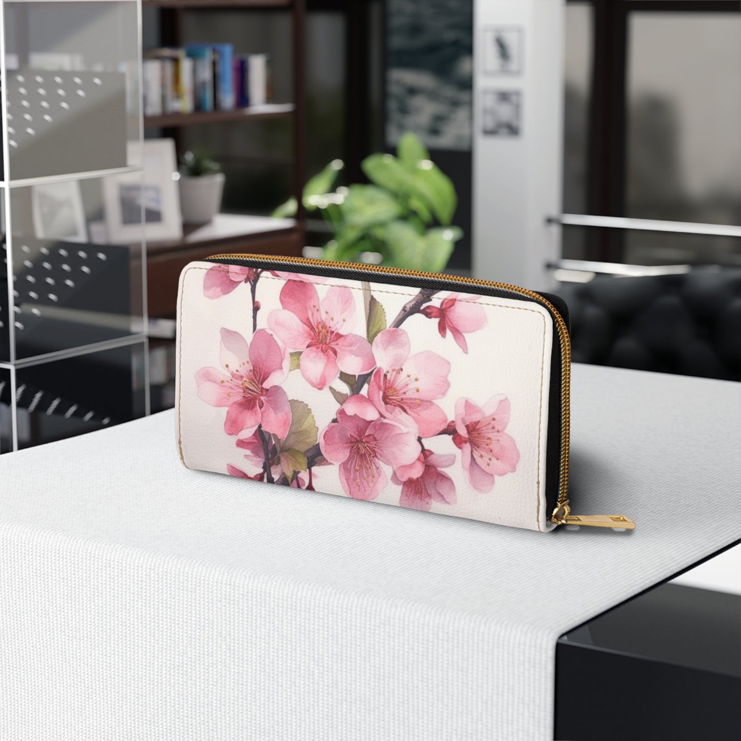 Artistic Flourish: Floral Watercolor Cherry Blossom Zipper Wallet