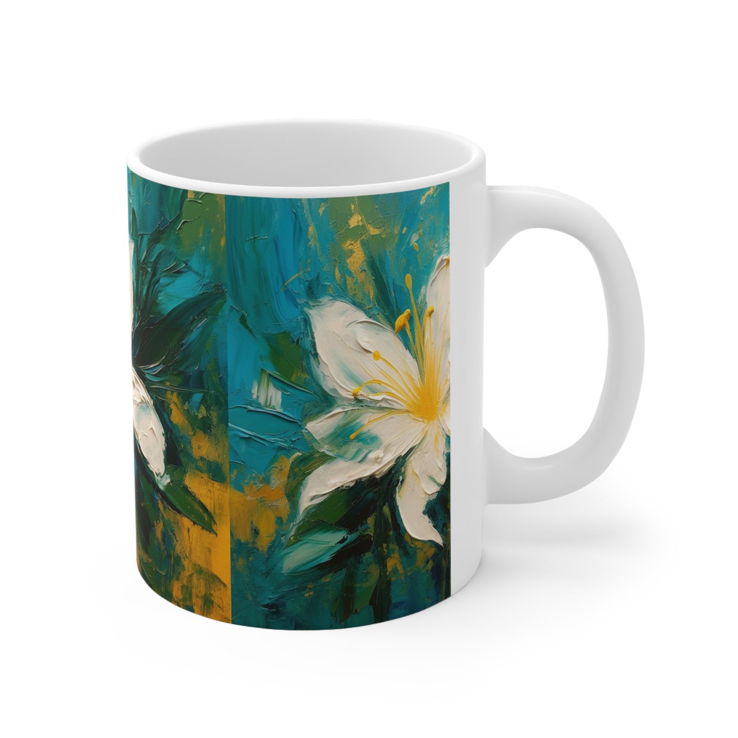 Floral Symphony: Ceramic Mug featuring an Abstract Oil Painting of Jasmine
