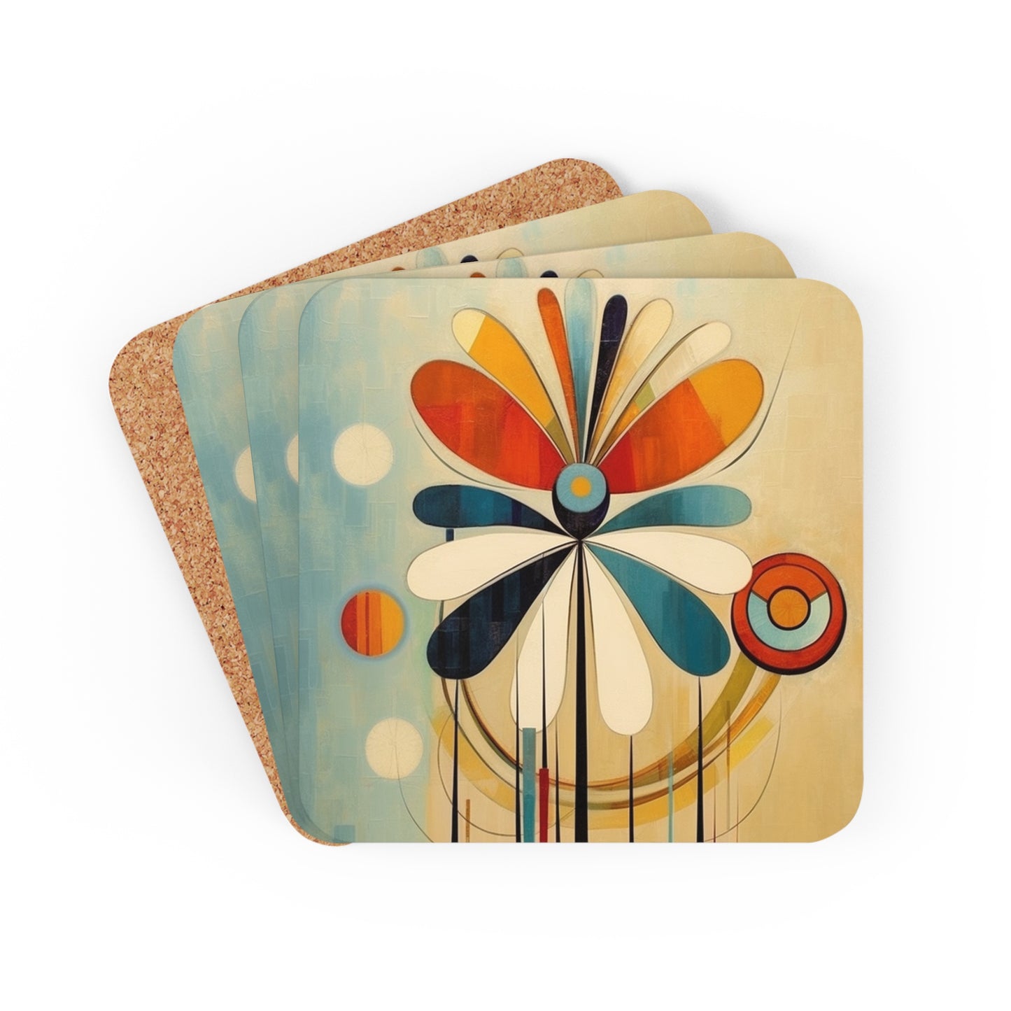 Flower Sketches: Abstract Art Corkwood Coaster Set with Midcentury Modern Design and Flower Drawings