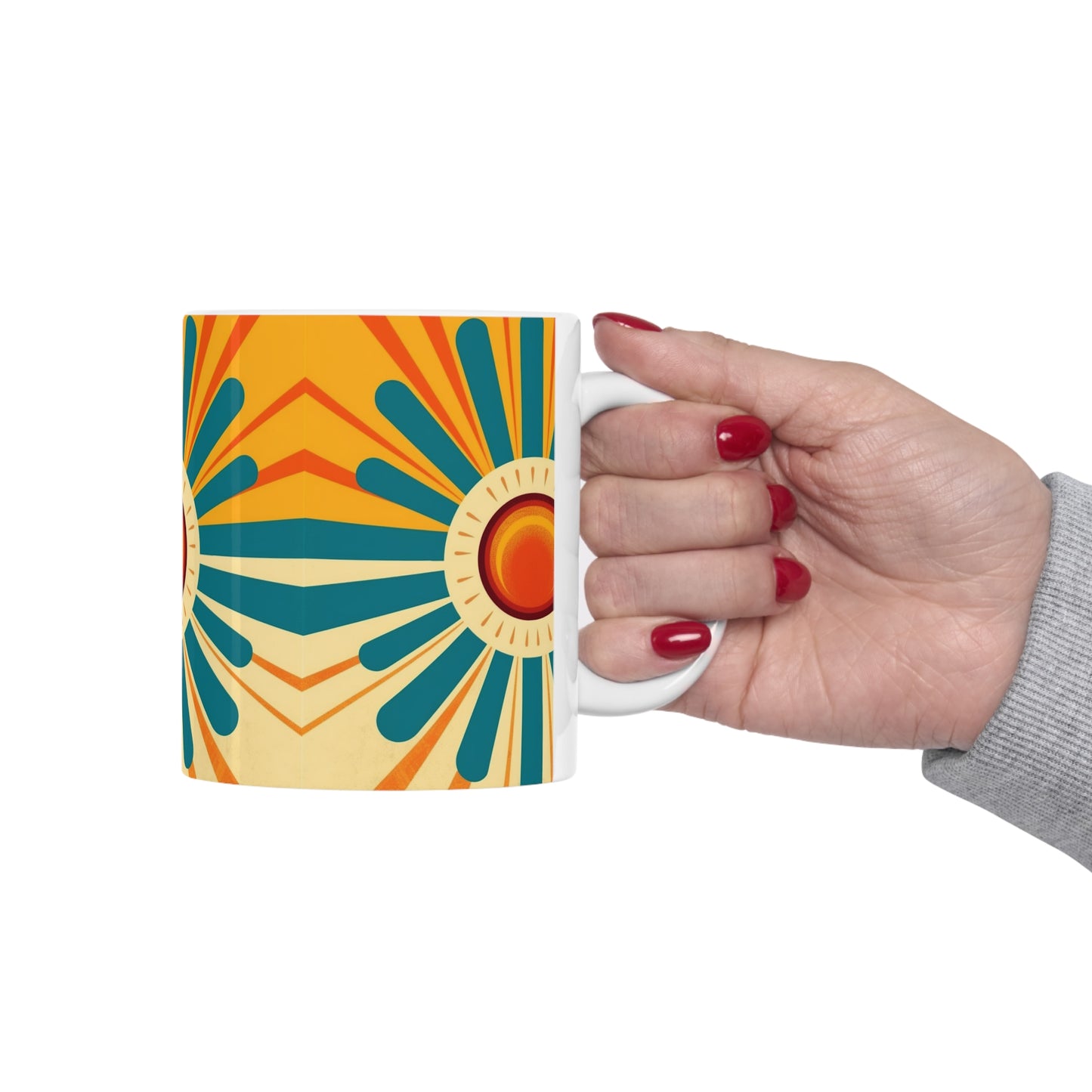 Midcentury Modern Sun: Ceramic Mug with Atomic Age Design for Vintage Fashion Enthusiasts