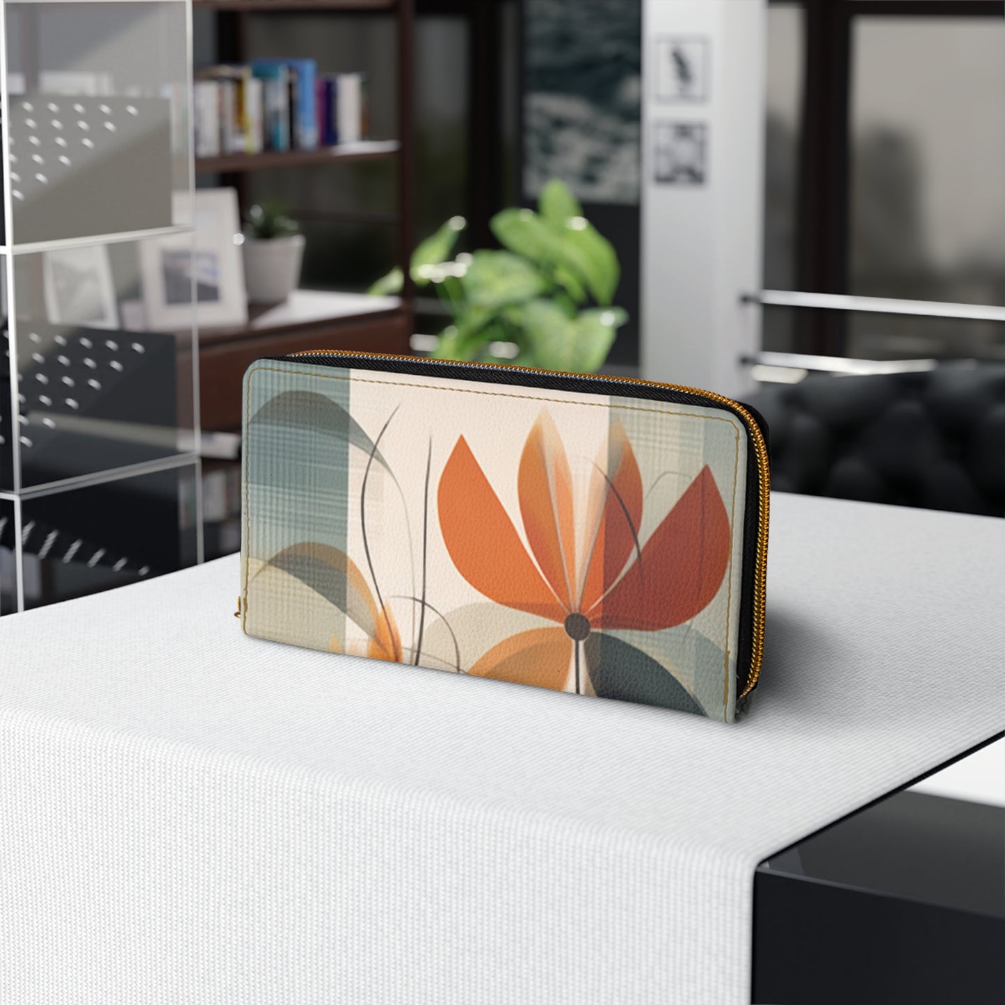 Botanical Chic: Flower Drawings and Minimalist Zipper Wallet Design with Midcentury Flair