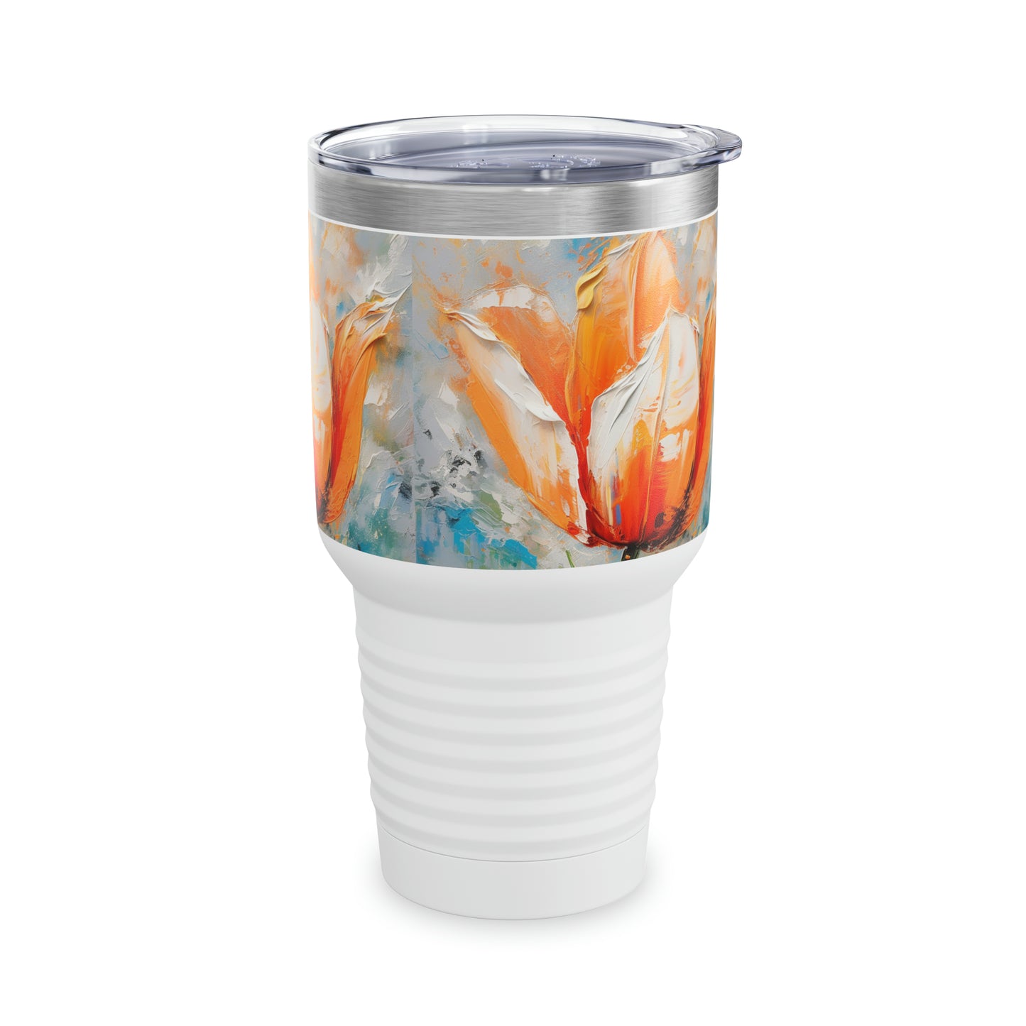 Ringneck Tumbler with Vibrant Orange Tulip: Nature's Beauty in Abstract Artistry