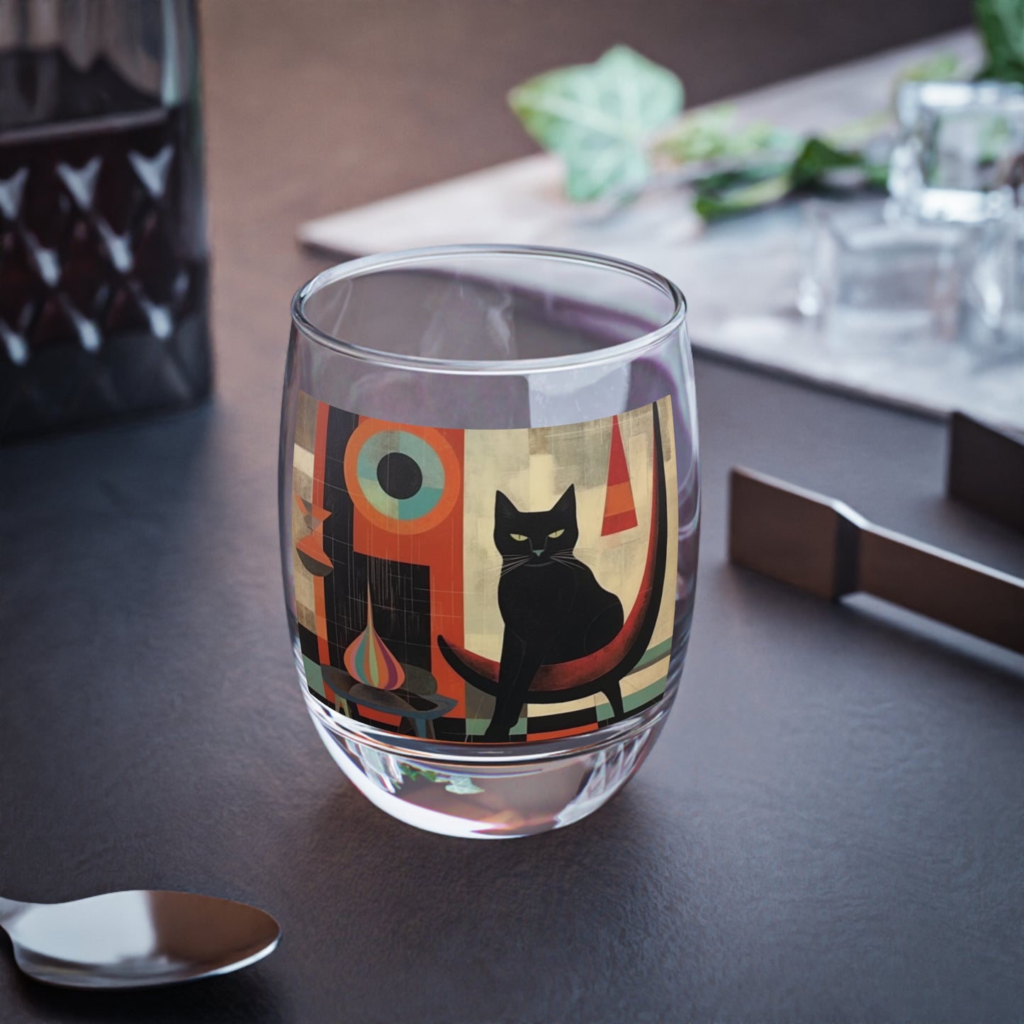 Atomic Whisker Delight: Midcentury Modern Whiskey Glass with Vintage Fashion and Playful Cat Motifs