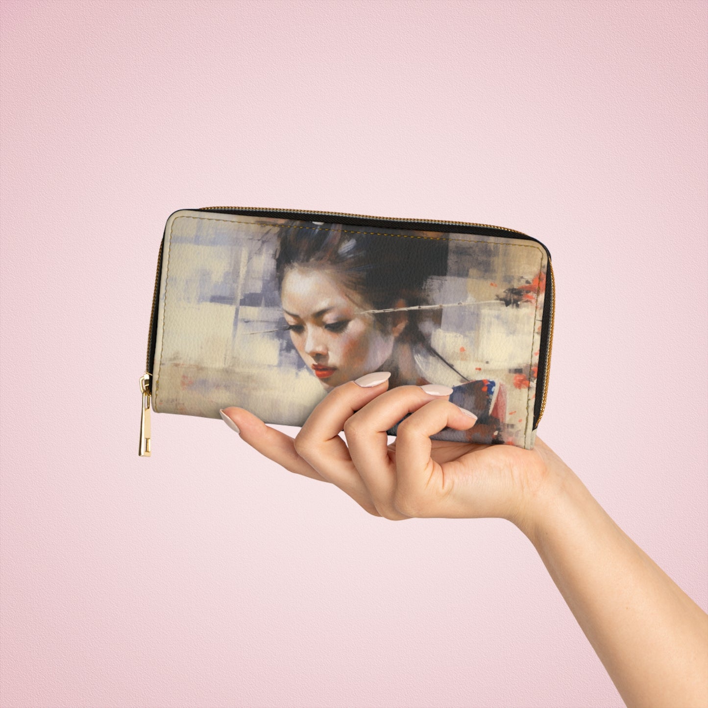 Japanese-Inspired Abstract Oil Painting Zipper Wallet: Celebrating Geisha Beauty