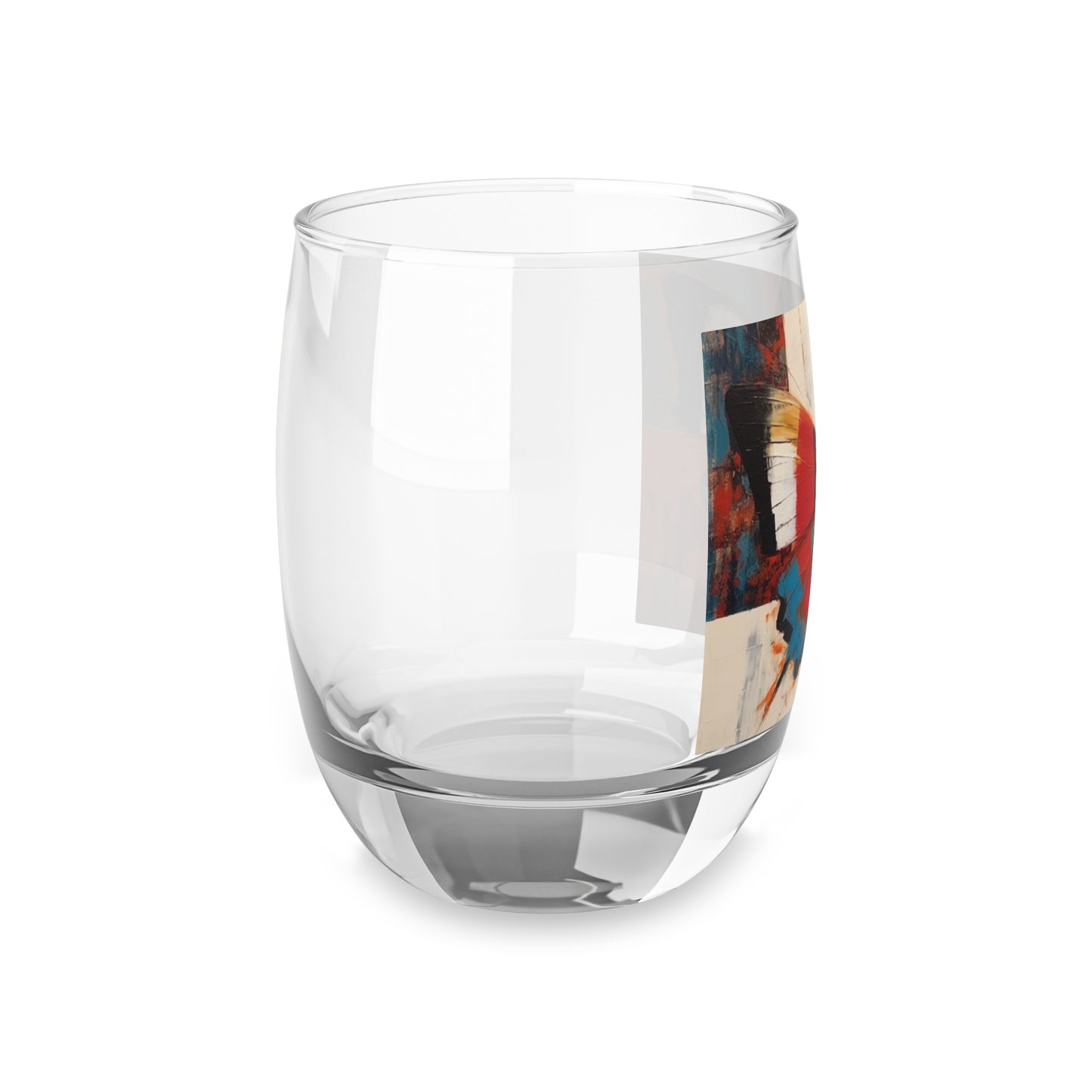 Bauhaus-Inspired Butterfly Symphony: Whiskey Glass with Vibrant Colors and Intricate Details