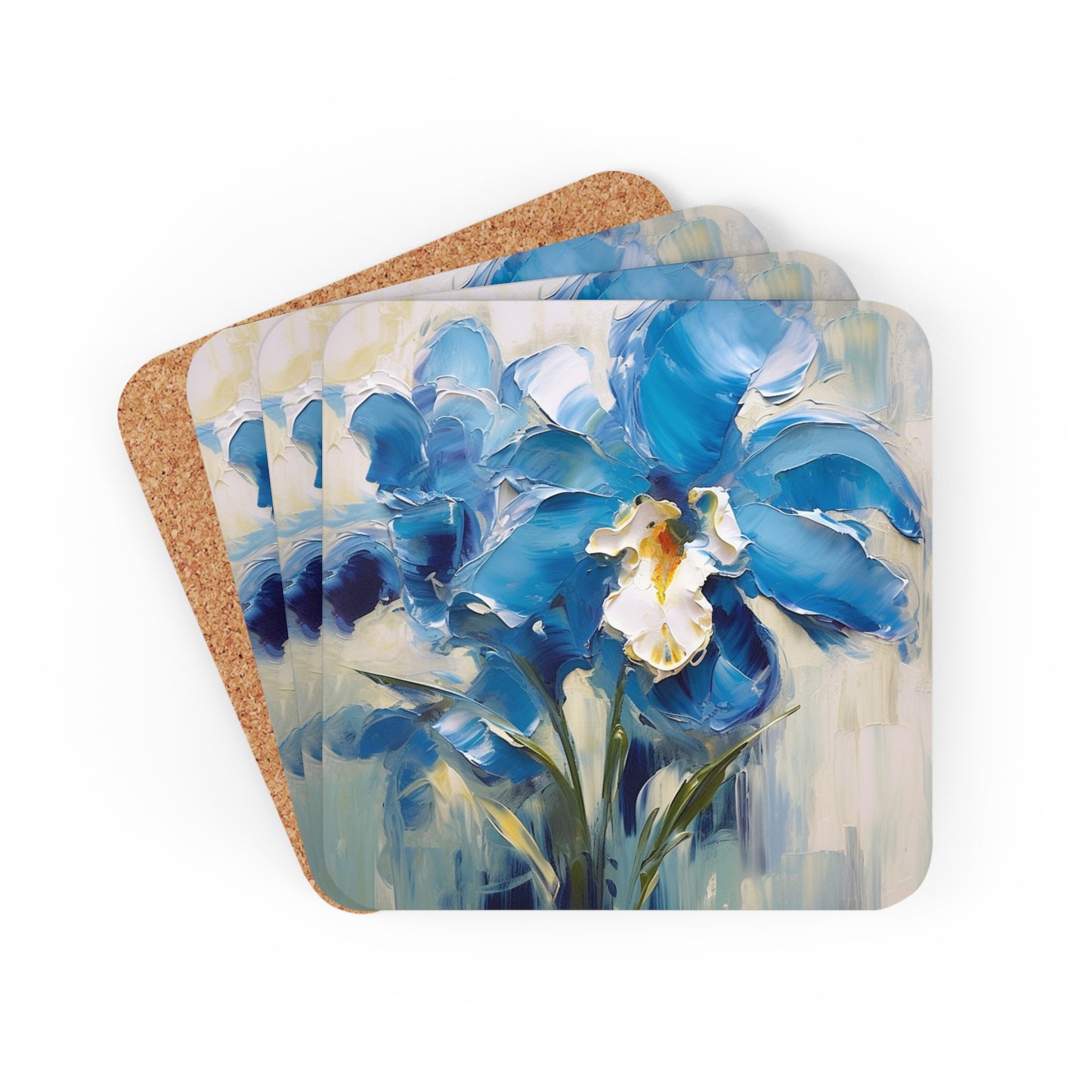 Embrace Artistic Expression with Blue Orchid Abstract Painting Corkwood Coaster Set