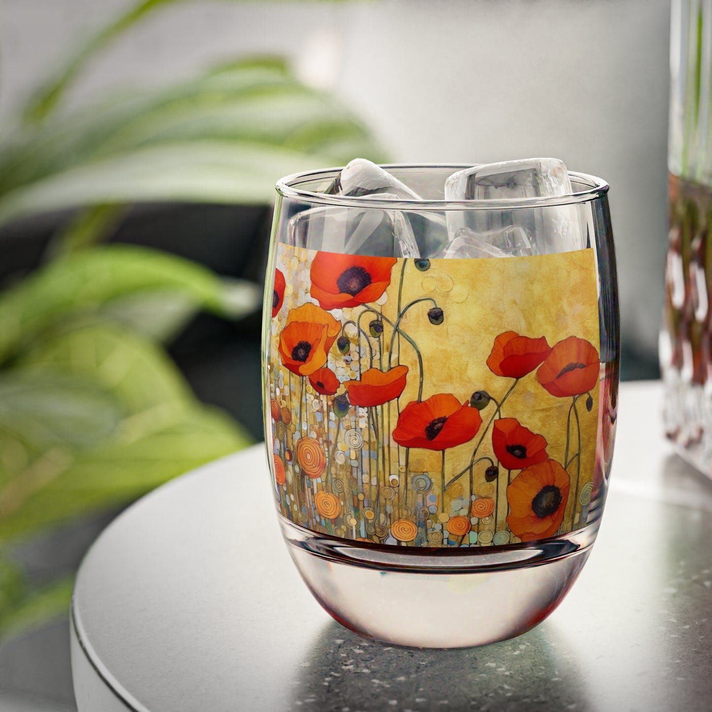 Elevate Your Sip: Whiskey Glass Adorned with Gustav Klimt's Poppies
