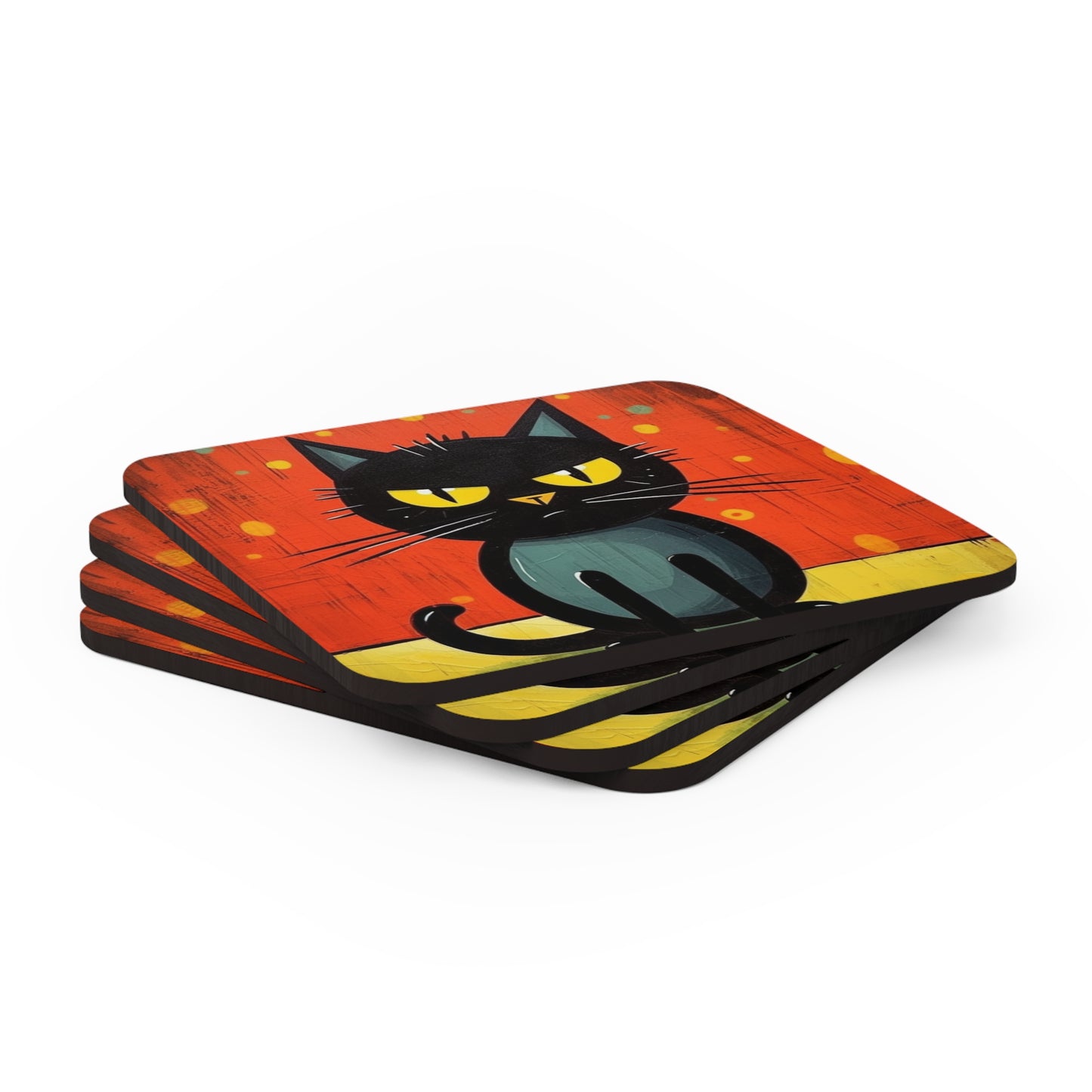 Fashionably Retro Feline: Midcentury Modern Corkwood Coaster Set with a Vintage Cat-Inspired Flair