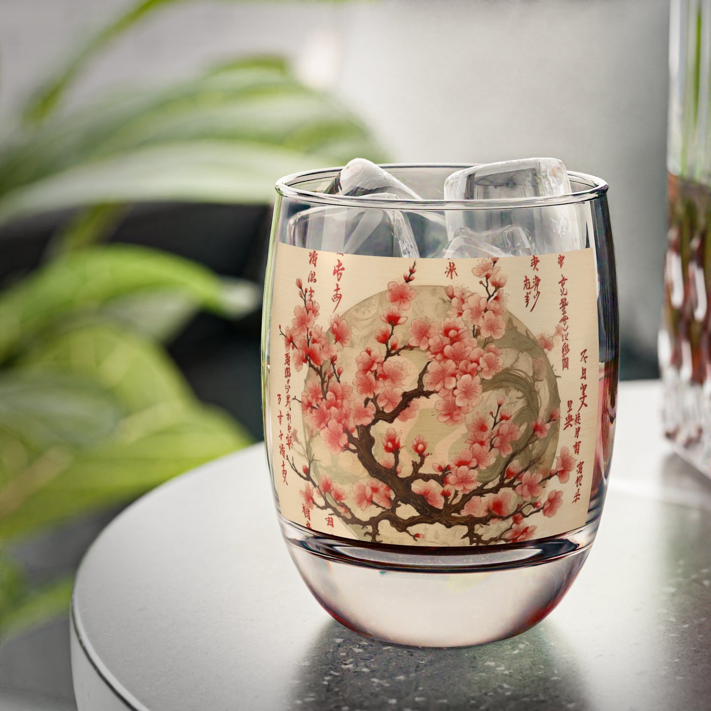 Whimsical Blossom Dreams: Whiskey Glass with Delightful Flower Drawings and Cherry Blossoms