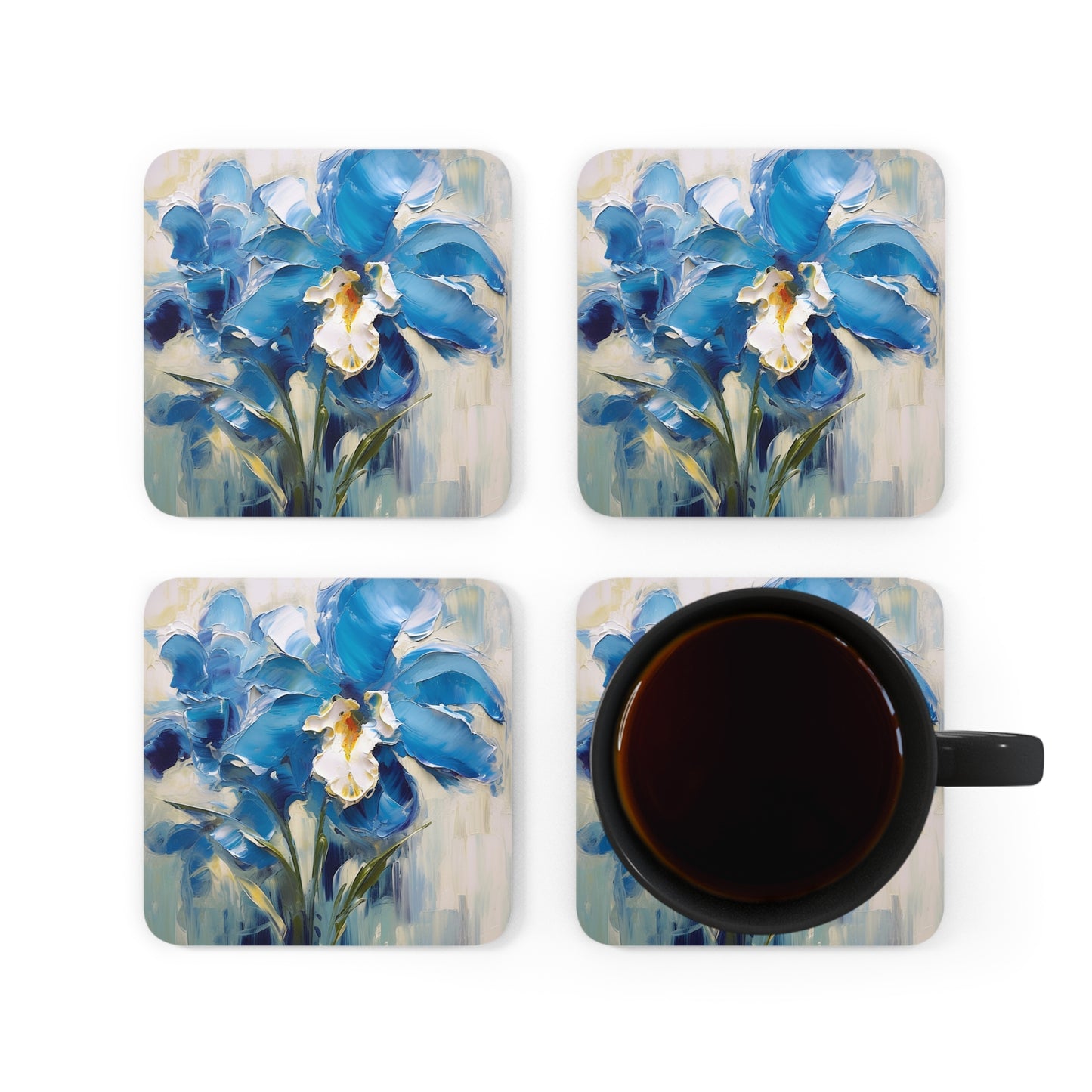 Embrace Artistic Expression with Blue Orchid Abstract Painting Corkwood Coaster Set