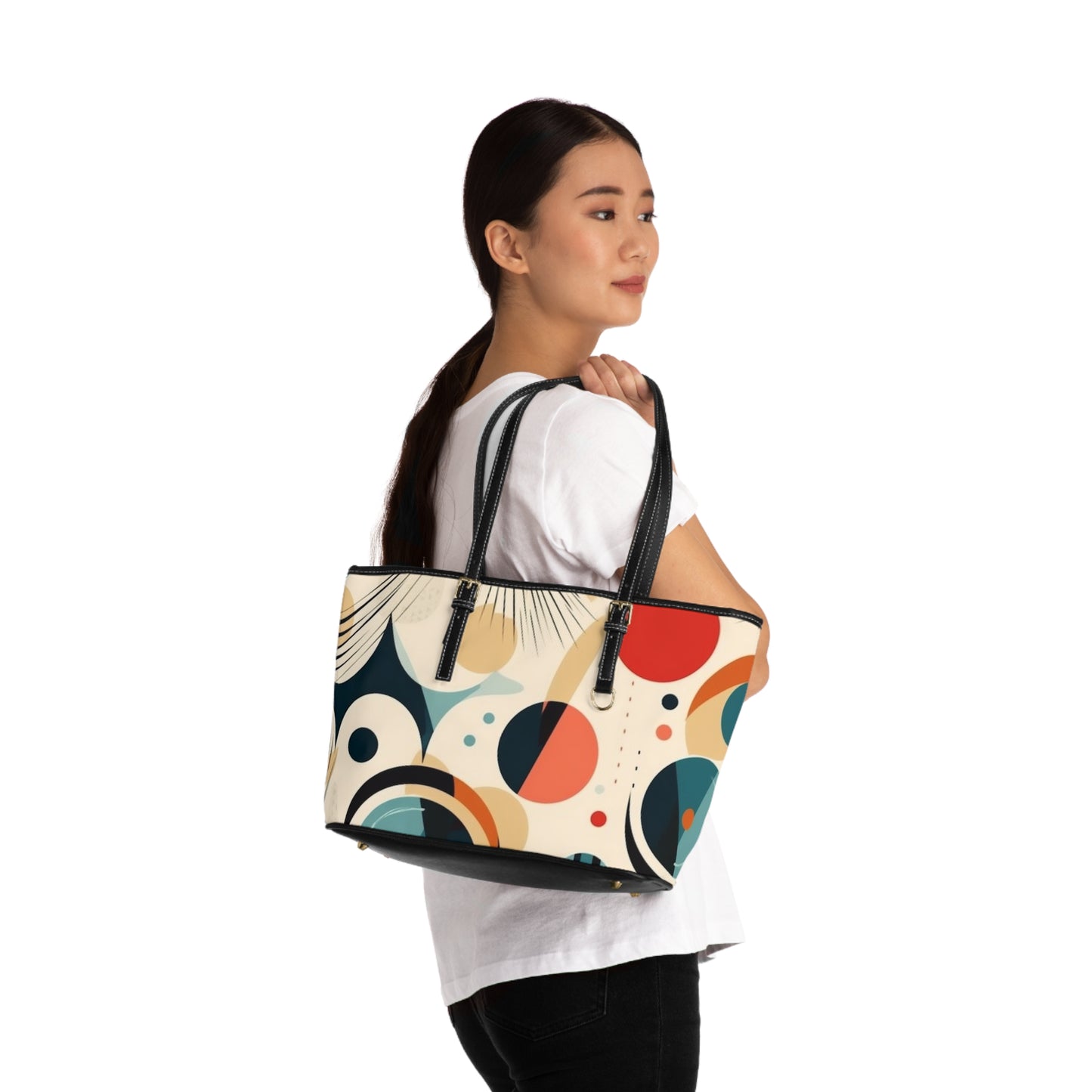Abstract Elegance: Midcentury Modern PU Leather Shoulder Bag with Modern Abstract Art and Vintage Fashion