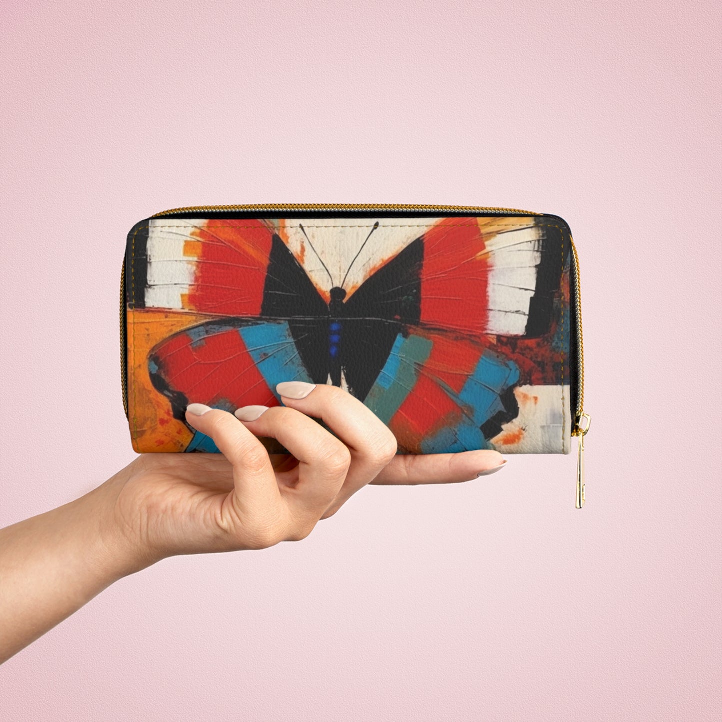 Bauhaus-Inspired Butterfly Symphony: Zipper Wallet with Vibrant Colors and Intricate Details