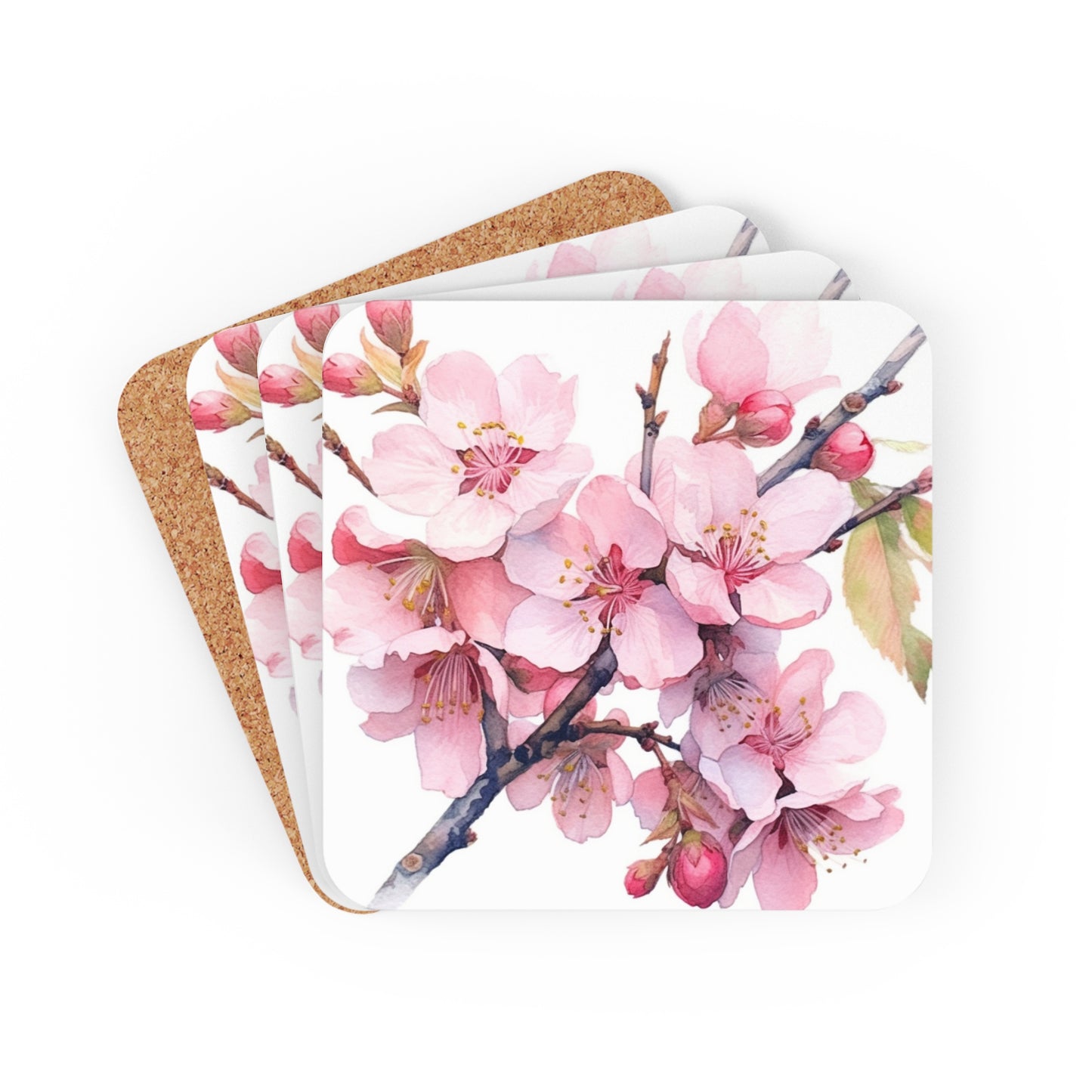 Whimsical Delight: Watercolor Cherry Blossom Tree Corkwood Coaster Set