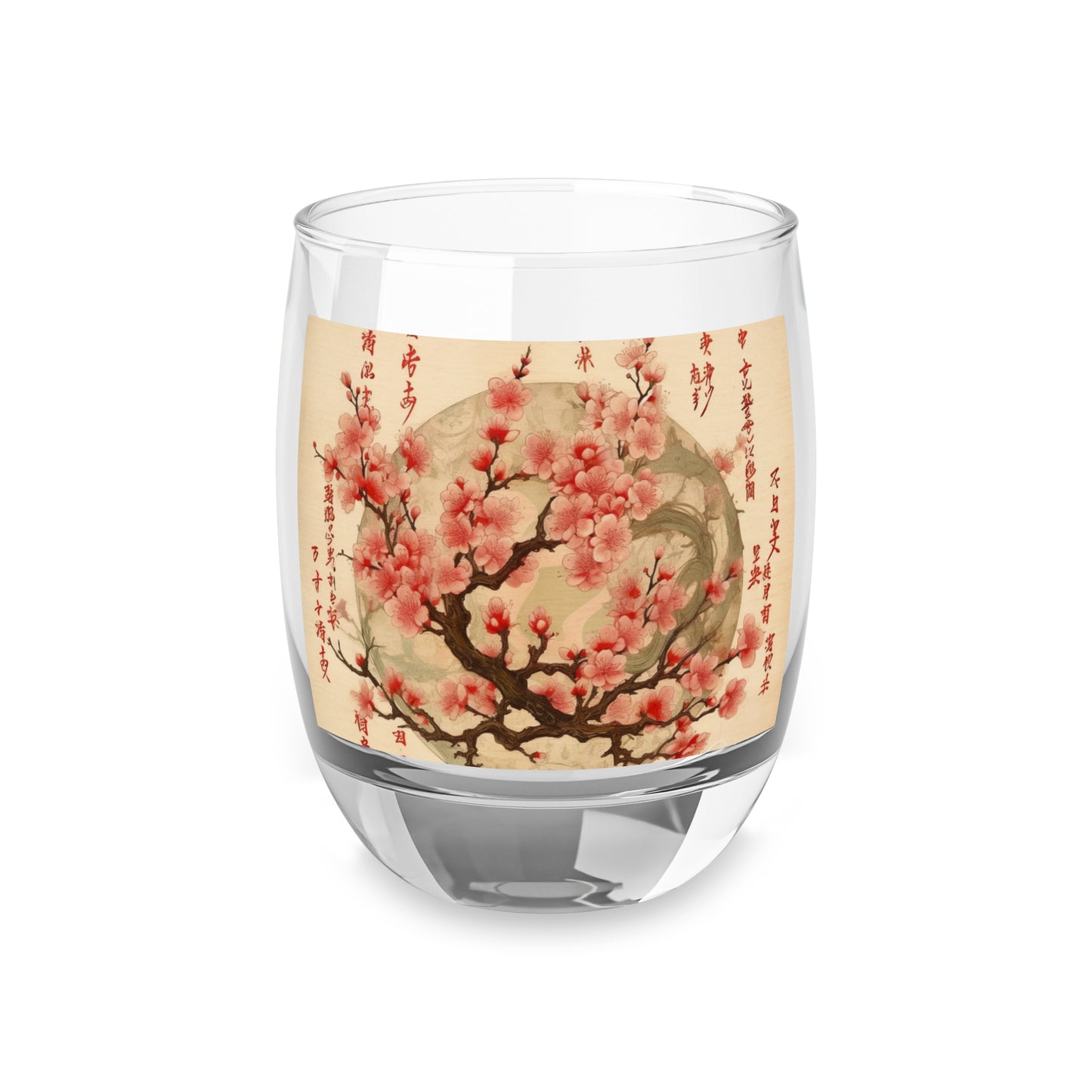 Whimsical Blossom Dreams: Whiskey Glass with Delightful Flower Drawings and Cherry Blossoms