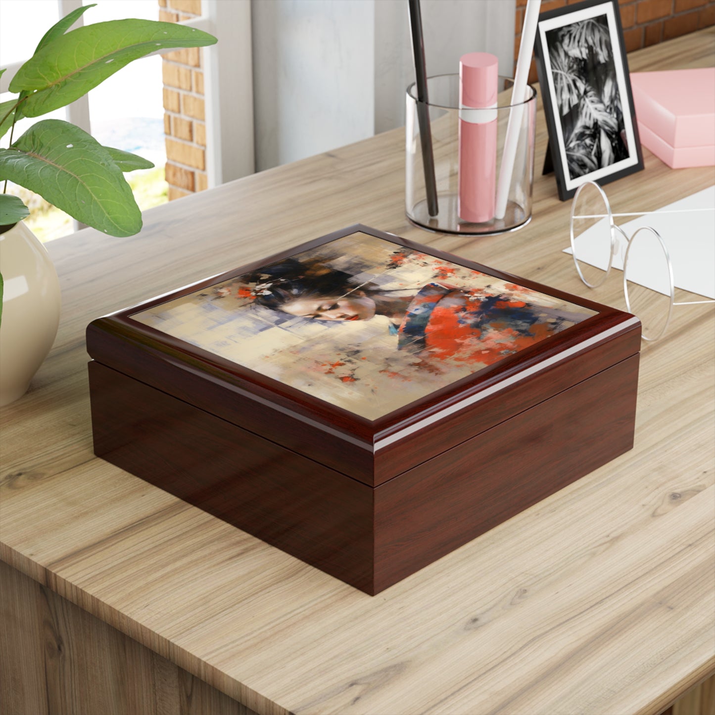 Japanese-Inspired Abstract Oil Painting Jewelry Box: Celebrating Geisha Beauty