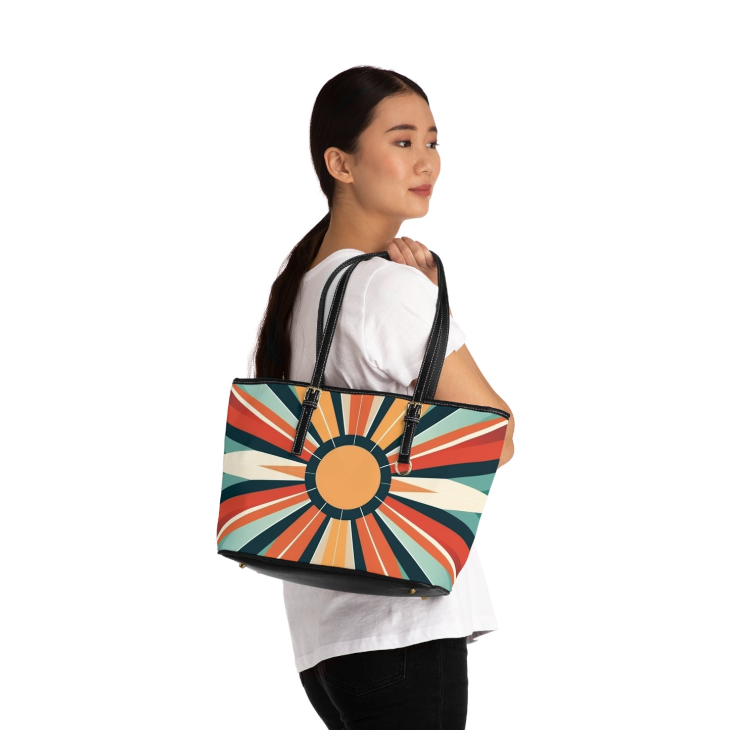 Atomic Age Luxury: Midcentury Modern Brown Leather Shoulder Bag in Starburst Candy Colored
