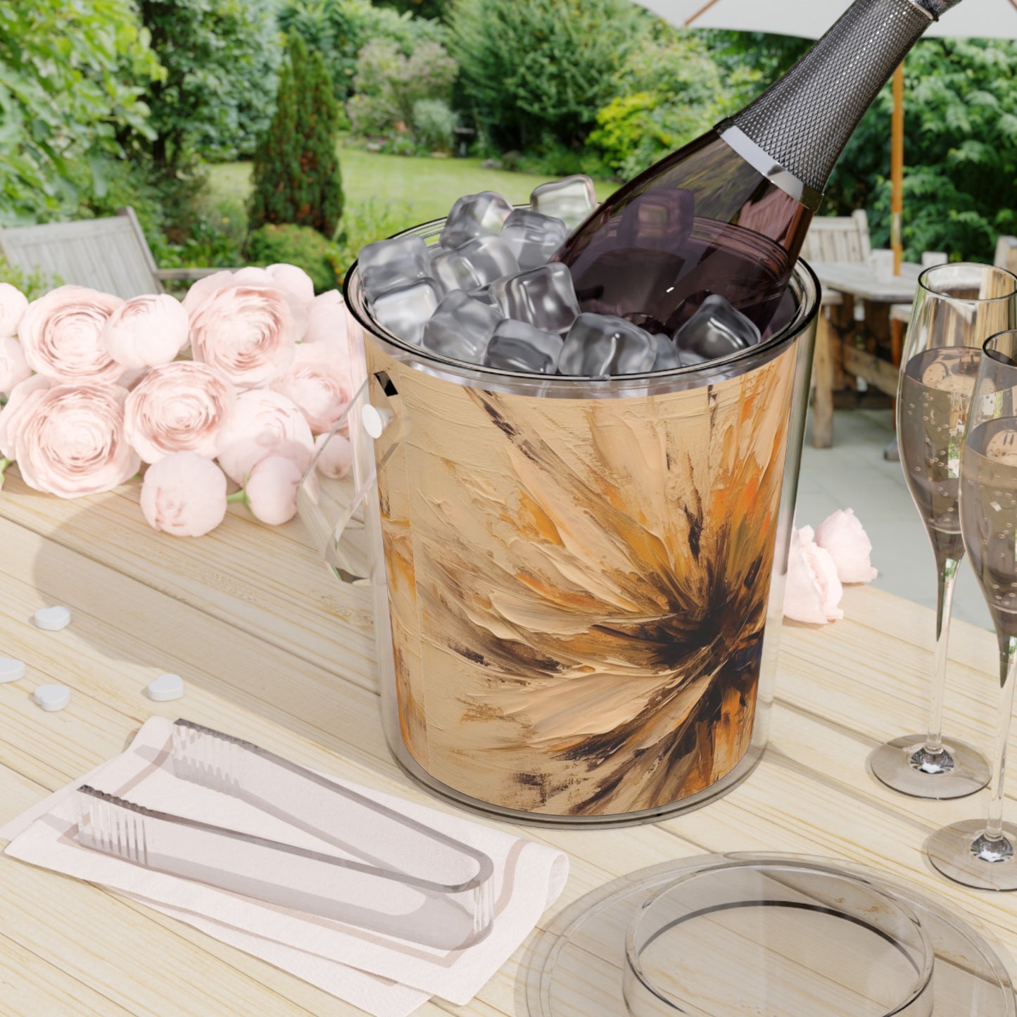 Abstract Tan Hua Painting on Ice Bucket with Tongs: A Fusion of Art and Nature