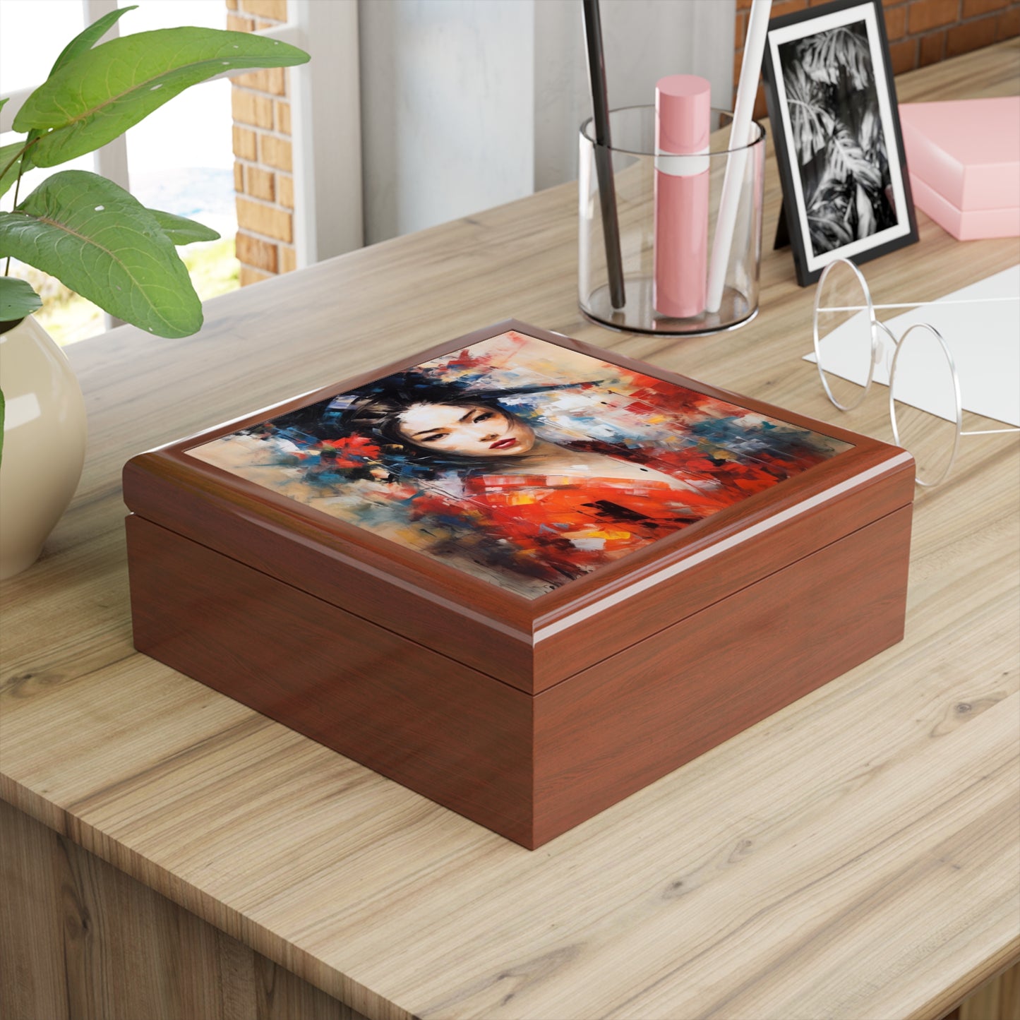 Abstract Geisha Art Jewelry Box: Captivating Brushstrokes in a Japanese Aesthetic