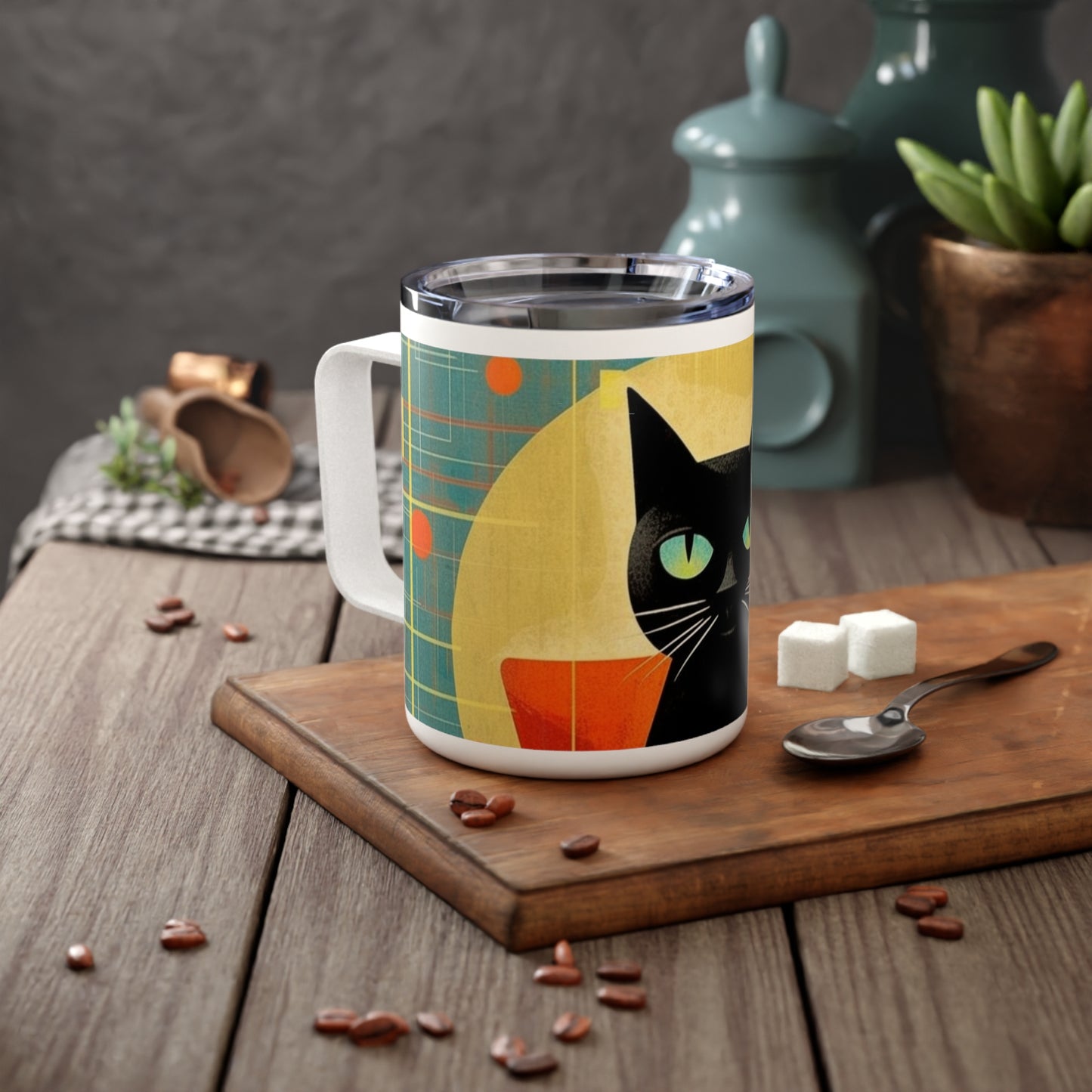 Cat Lover's Delight: Insulated Coffee Mug with Atomic Age Design and Midcentury Flair