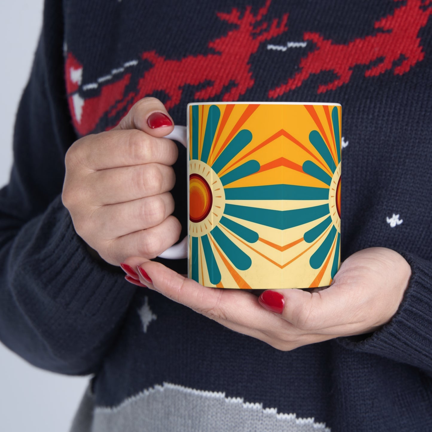 Midcentury Modern Sun: Ceramic Mug with Atomic Age Design for Vintage Fashion Enthusiasts