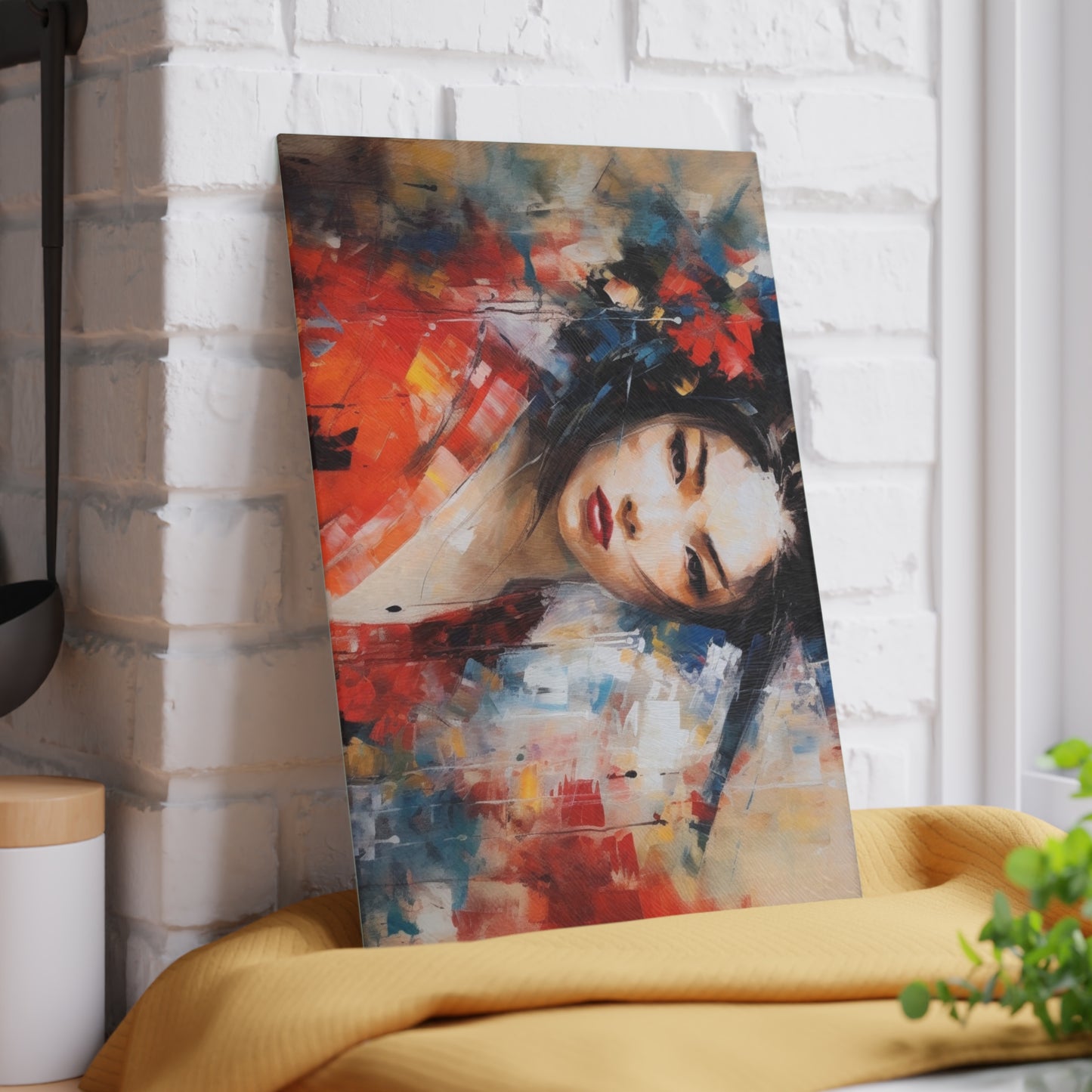 Abstract Geisha Art Glass Cutting Board: Captivating Brushstrokes in a Japanese Aesthetic