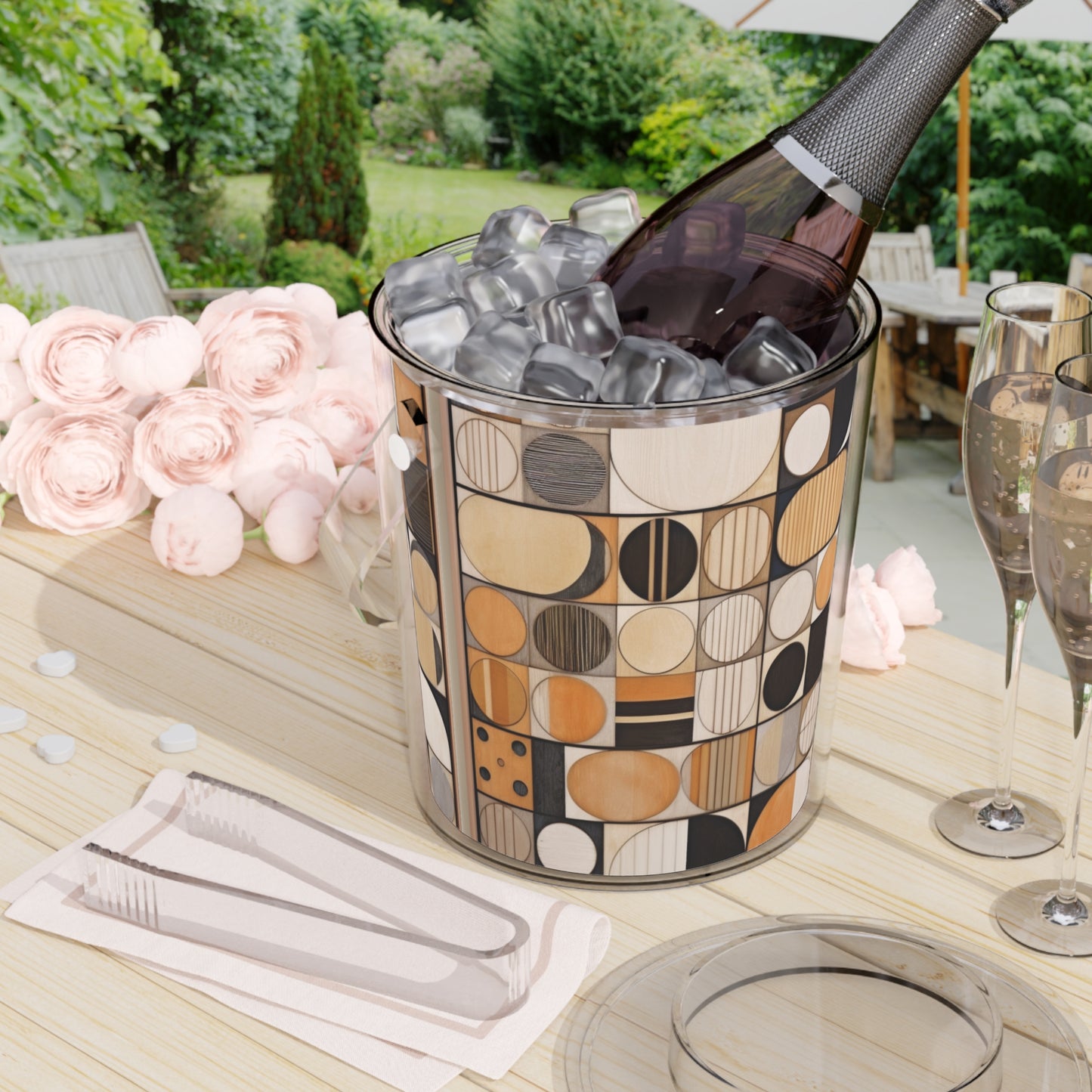 Earthy Elegance: Geometric Ice Bucket with Tongs