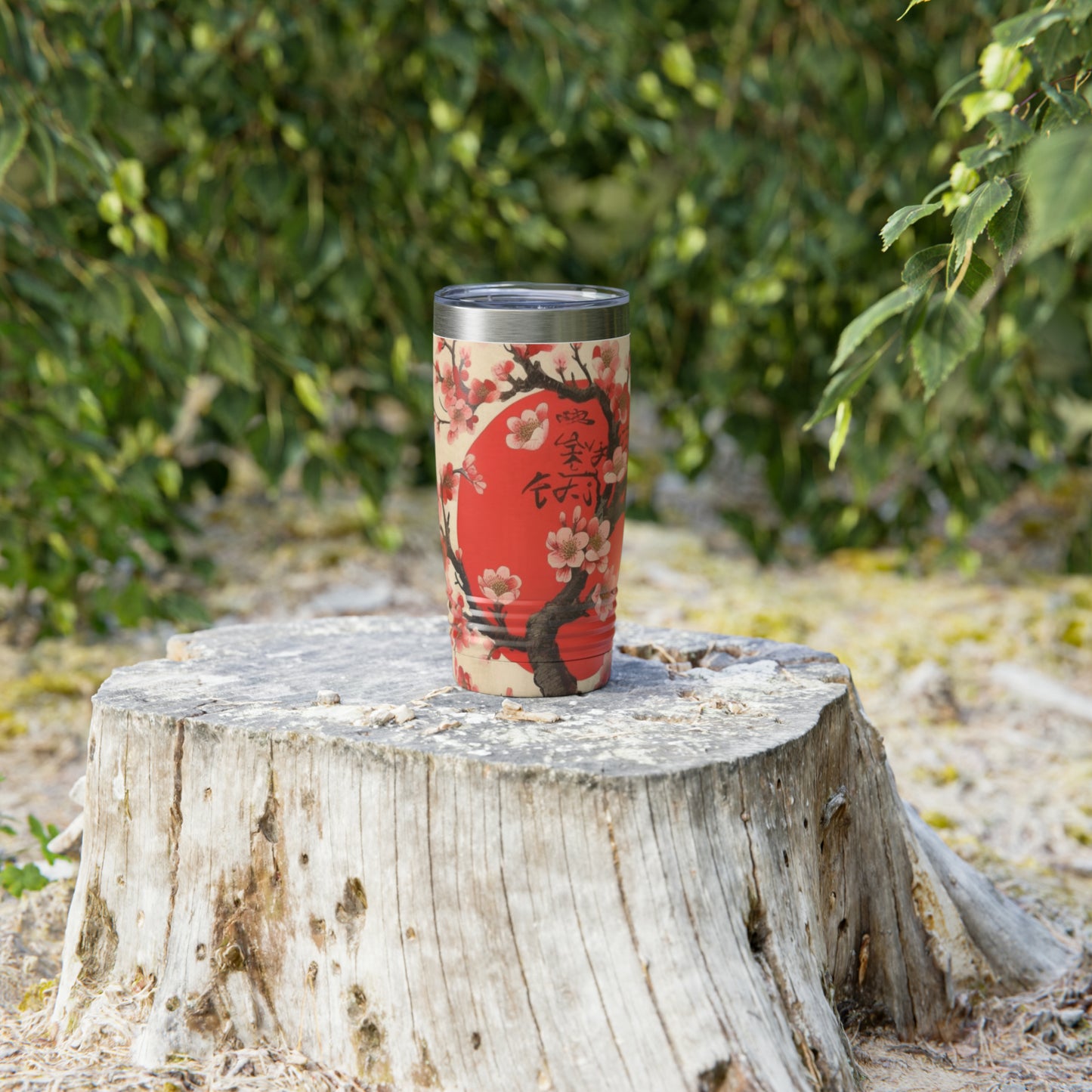 Nature's Brushstrokes: Ringneck Tumbler Featuring Captivating Cherry Blossom Drawings